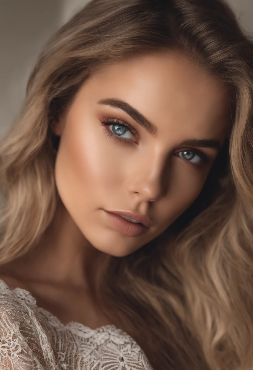 Arafed woman completely , fille sexy aux yeux bleus, ultra realist, Meticulously detailed, Portrait Sophie Mudd, cheveux blonds et grands yeux, selfie of a young woman, Yeux de chambre, Violet Myers, sans maquillage, maquillage naturel, looking straight at camera, Visage avec Artgram, Maquillage subtil, Great photo of the whole body kneeling on the bed, dans la chambre, Medium to large bust