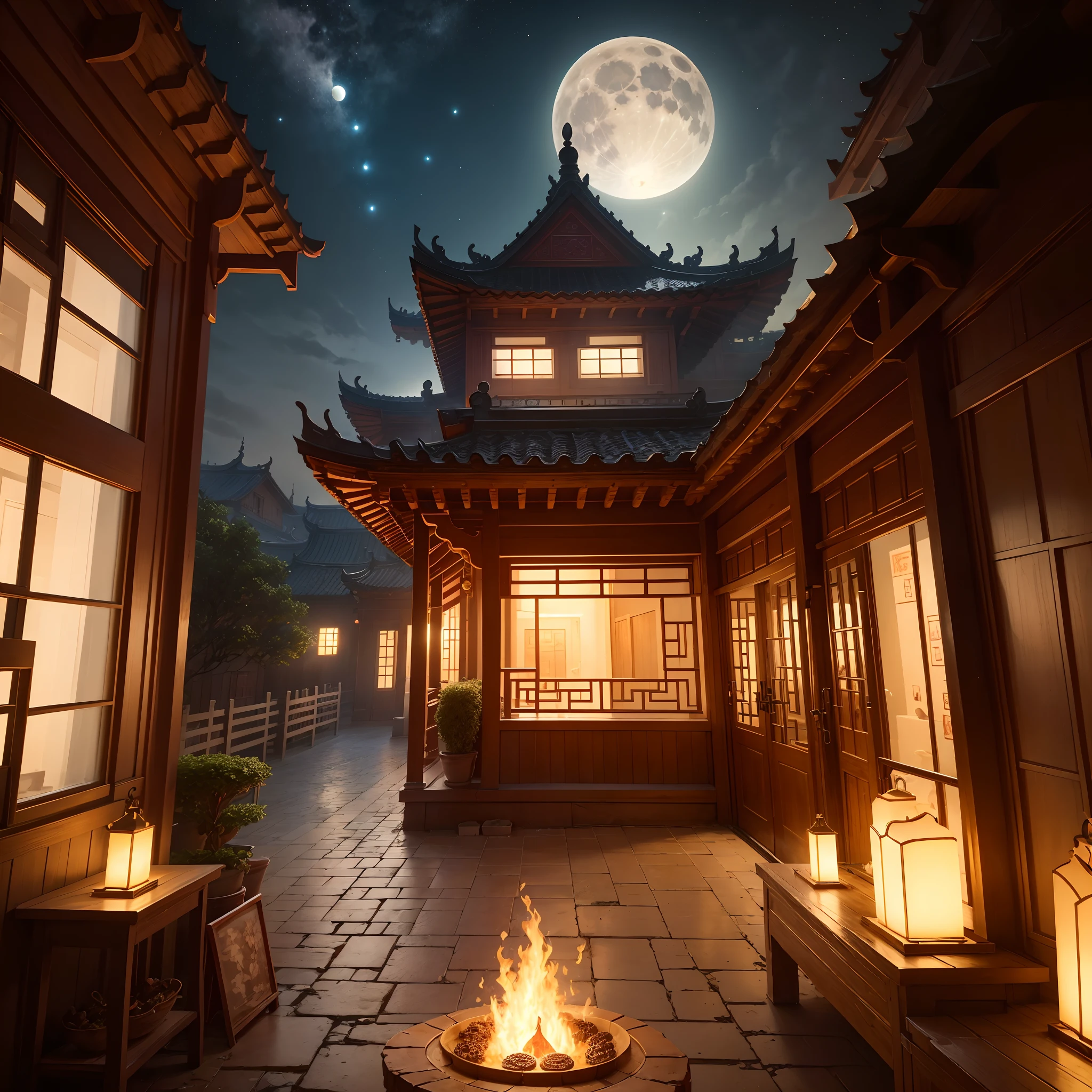 ((Best quality)), ((Masterpiece)), ((Realistic)), ((Best quality)), ((Masterpiece)), ((Realistic)), ancient buildings,large moon,Moon cake,fire works,Chinese Mid-Autumn Festival elements,