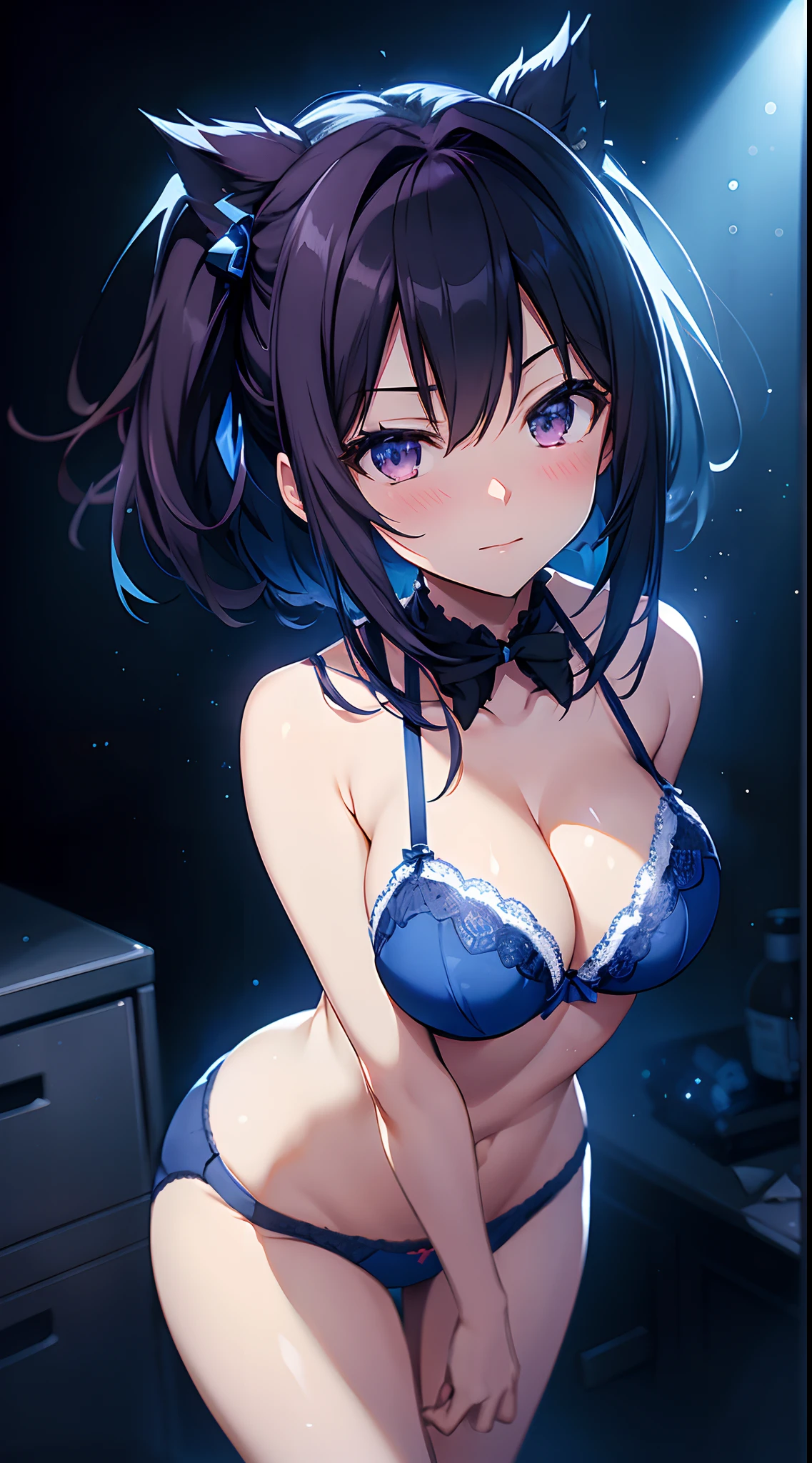 Tokisaki Kurumi, milf, blue panties, blue bra, HD lighting and dark )<=(epic image quality)dark atmosphere with bright particle light(many effects in background)d
