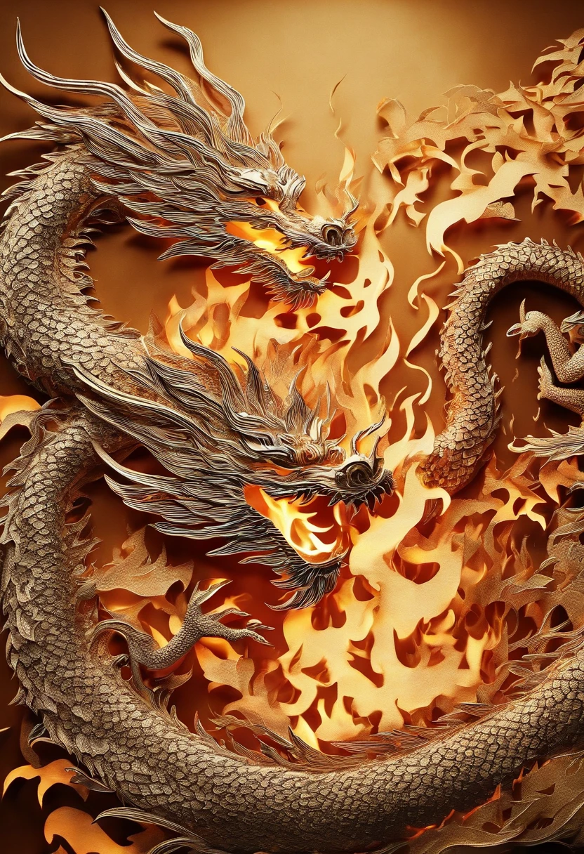 Best Quality, Top image quality, Top resolution, Intricate details, Craftsmanship, (Papercut:1.5), Fire magic, Ring of Fire, Dragon engulfed in flames,Flames sticking out of the dragon's mouth, Paper burning, fire, Real Fire、A truly fiery dragon、Dragon's Beard、Chinese Dragon、(Paper cutouts are on fire:1.5),the fire