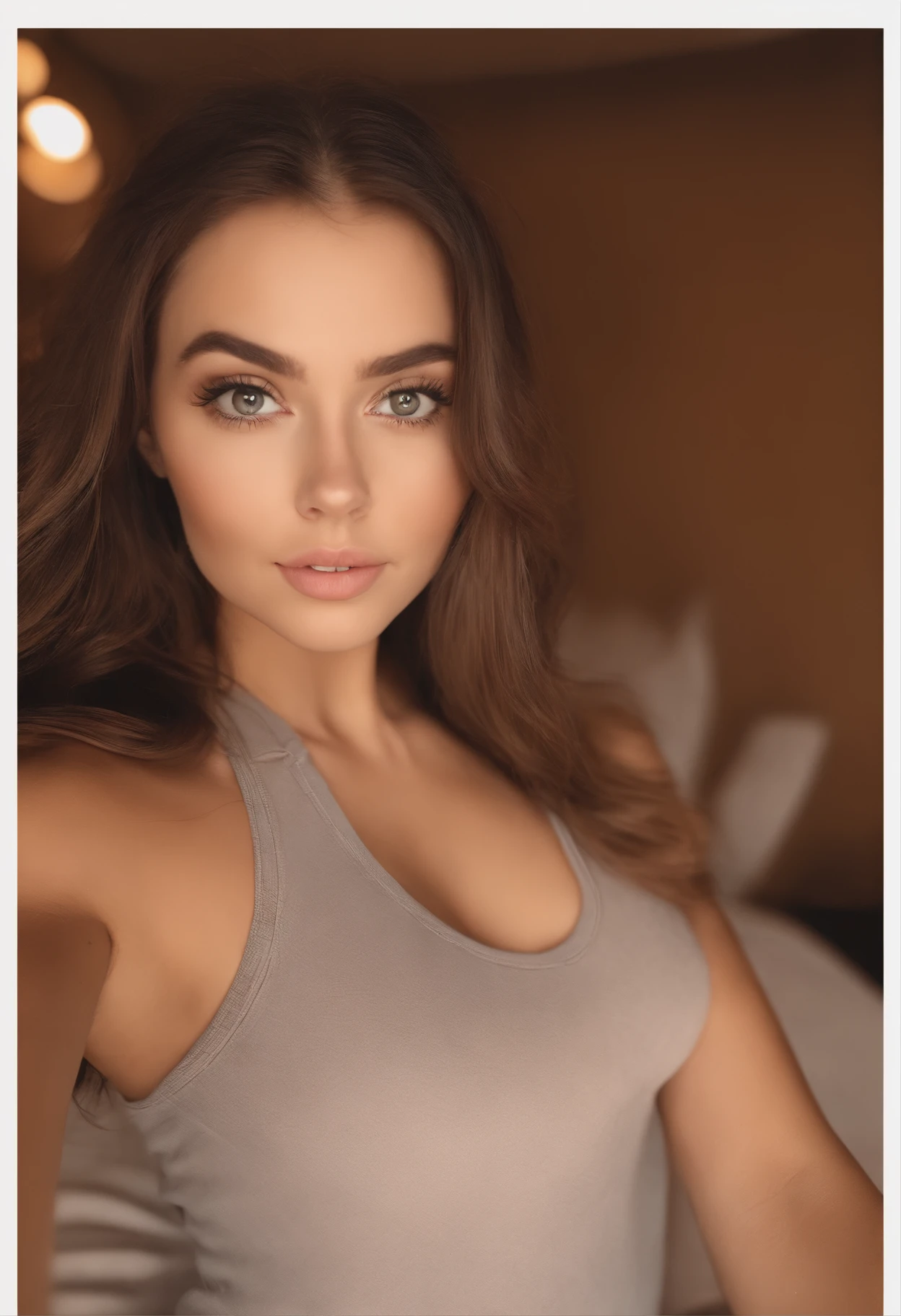 arafed woman with matching tank top and leggings, sexy girl with brown eyes, portrait sophie mudd, brown hair and large eyes, selfie of a young woman, bedroom eyes, violet myers, without makeup, natural makeup, turning to look at the camera, face with artgram, subtle makeup, stunning full body shot, in bedroom, sexy ass, cute butt