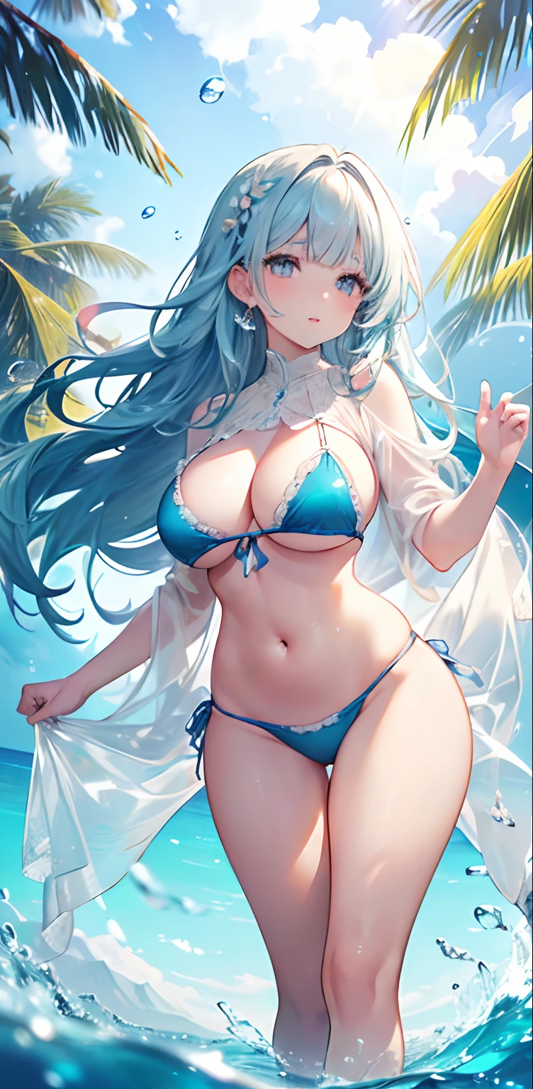 art by Cornflower, dreamy (a big girl who had beautiful detailed eyes, eye, nose, ear, eyebrow, mouth, detailed lips, hair, locks, bangs, breasts, belly, waist, thick legs, thick thighs, bikini. The depth The field view in the photo was perfect, and the lens flare added a nice touch. The finely detailed features of her face really stood out, and the score for this photo was definitely higher than 10. In the background was a beautiful ocean with crystal clear water. and water droplets on the surface, very detailed water. It was a stunning photo that really captured the beauty of the girl in the water.)