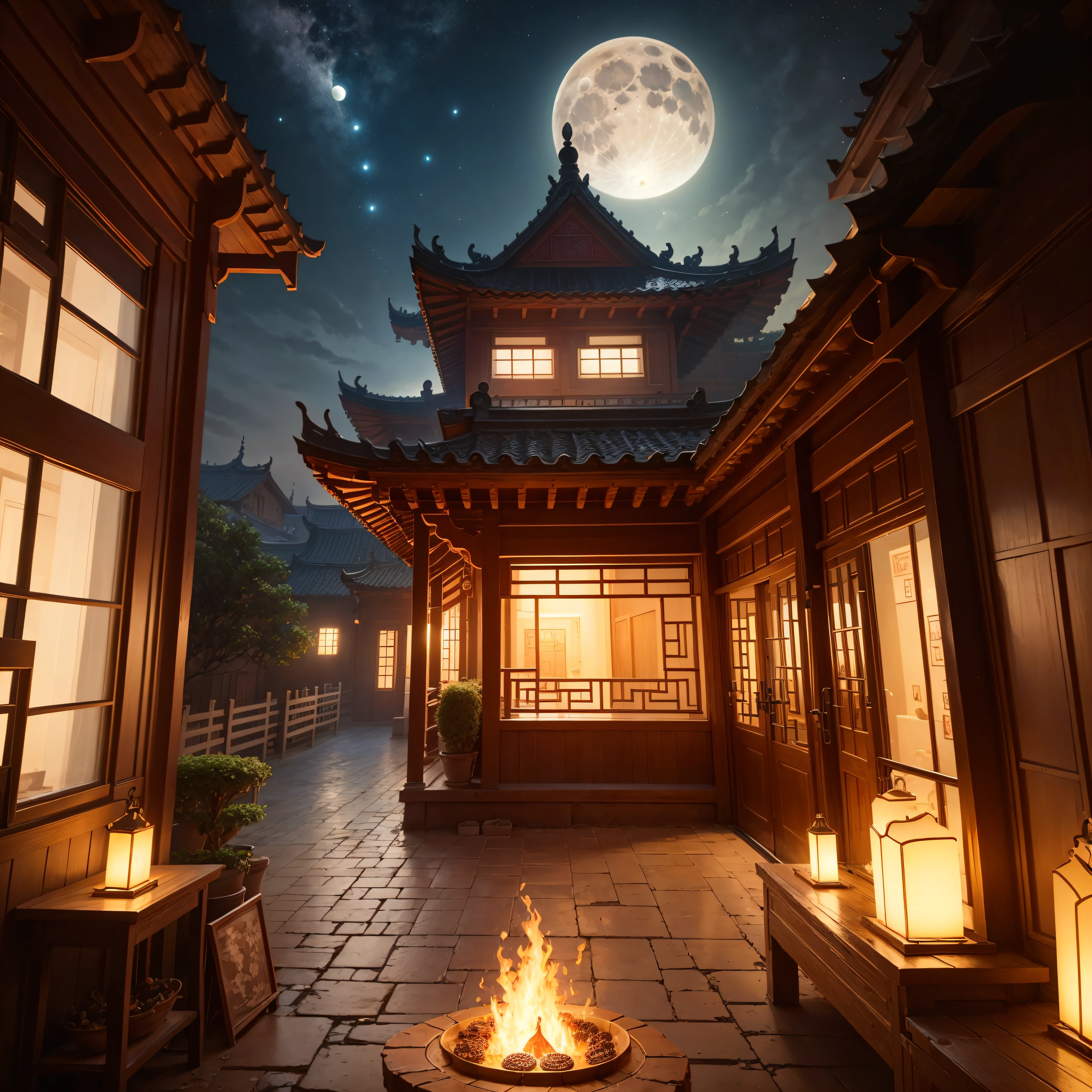 ((Best quality)), ((Masterpiece)), ((Realistic)), ((Best quality)), ((Masterpiece)), ((Realistic)), ancient buildings,large moon,Moon cake,fire works,Chinese Mid-Autumn Festival elements,
