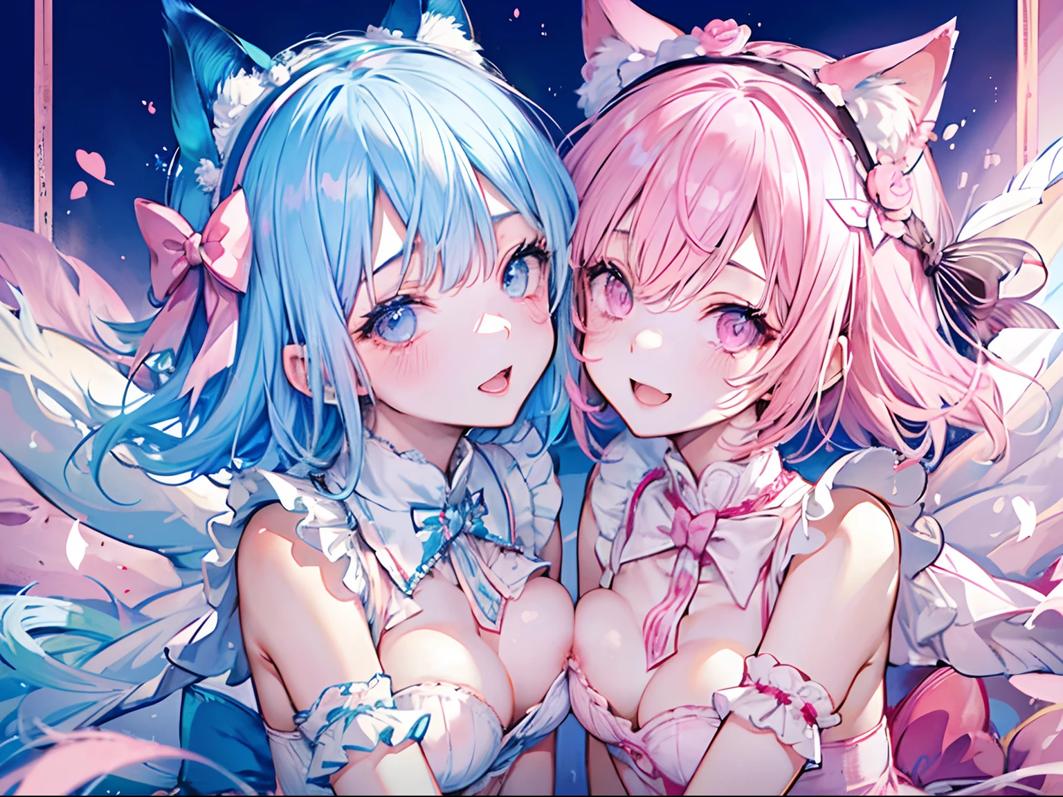 NSFW,Two Women,show off nipple,short light blue hair,Pink eyes,Light blue ta,Cat's ears,white sock,pink bows,Pastel pink room,Smile with open mouth,garter strap,cute little,Top image quality,Best Quality,masutepiece