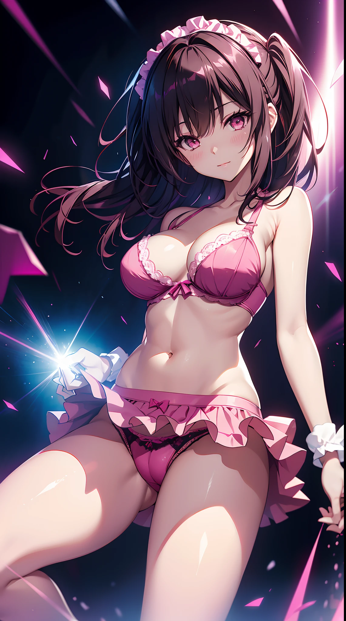 Tokisaki Kurumi, milf, pink panties, pink bra, HD lighting and dark )<=(epic image quality)dark atmosphere with bright particle light(many effects in background)d