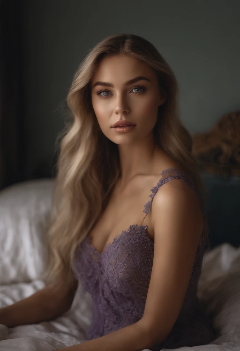 Arafed woman completely , fille sexy aux yeux bleus, ultra realist, Meticulously detailed, Portrait Sophie Mudd, cheveux blonds et grands yeux, selfie of a young woman, Yeux de chambre, Violet Myers, sans maquillage, maquillage naturel, looking straight at camera, Visage avec Artgram, Maquillage subtil, Great photo of the whole body kneeling on the bed, dans la chambre, Medium to large bust
