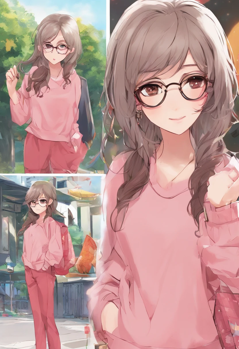 ulzzang -6500-v1.1, (Raw photo:1.2), (Photorealistic:1.4), Beautiful detailed girl, extremely detailed eye and face, Beautiful detailed eyes, Ridiculous, Incredibly ridiculous, Huge file size, super detailed, High resolution, Very detailed, Best Quality, masutepiece, ((fashion clothing with diverse colors)), Very detailed, nffsw, unified, in 8K、Wallpaper, amazing, Fine detail, masutepiece ,Best Quality, Highly detailed ticker uniform 8K wallpaper, Light on Face, Movie Lighting, 1girl in, 33-year-old Japan woman, Brown hair、Short bob hair, grey sweater, grey sweatpants、(small tits)), (Wearing glasses、the edges of the glasses are thin、The color of the rims of the glasses is pink), ((Dynamic Pose))), ((Sexy Pose)))、(Wearing a mask、The color of the mask is pink）Wear a pink mask。