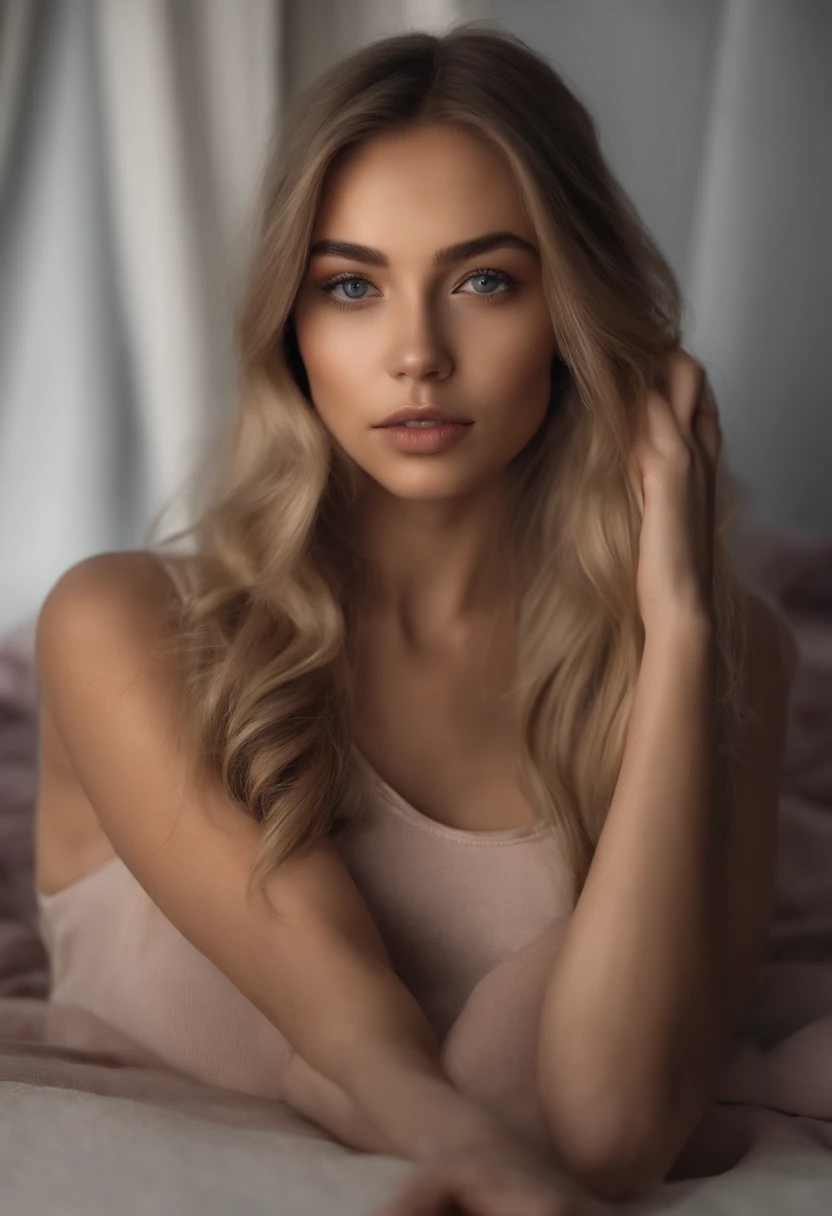 Arafed woman completely , fille sexy aux yeux bleus, ultra realist, Meticulously detailed, Portrait Sophie Mudd, cheveux blonds et grands yeux, selfie of a young woman, Yeux de chambre, Violet Myers, sans maquillage, maquillage naturel, looking straight at camera, Visage avec Artgram, Maquillage subtil, Great photo of the whole body kneeling on the bed, dans la chambre, Medium to large bust