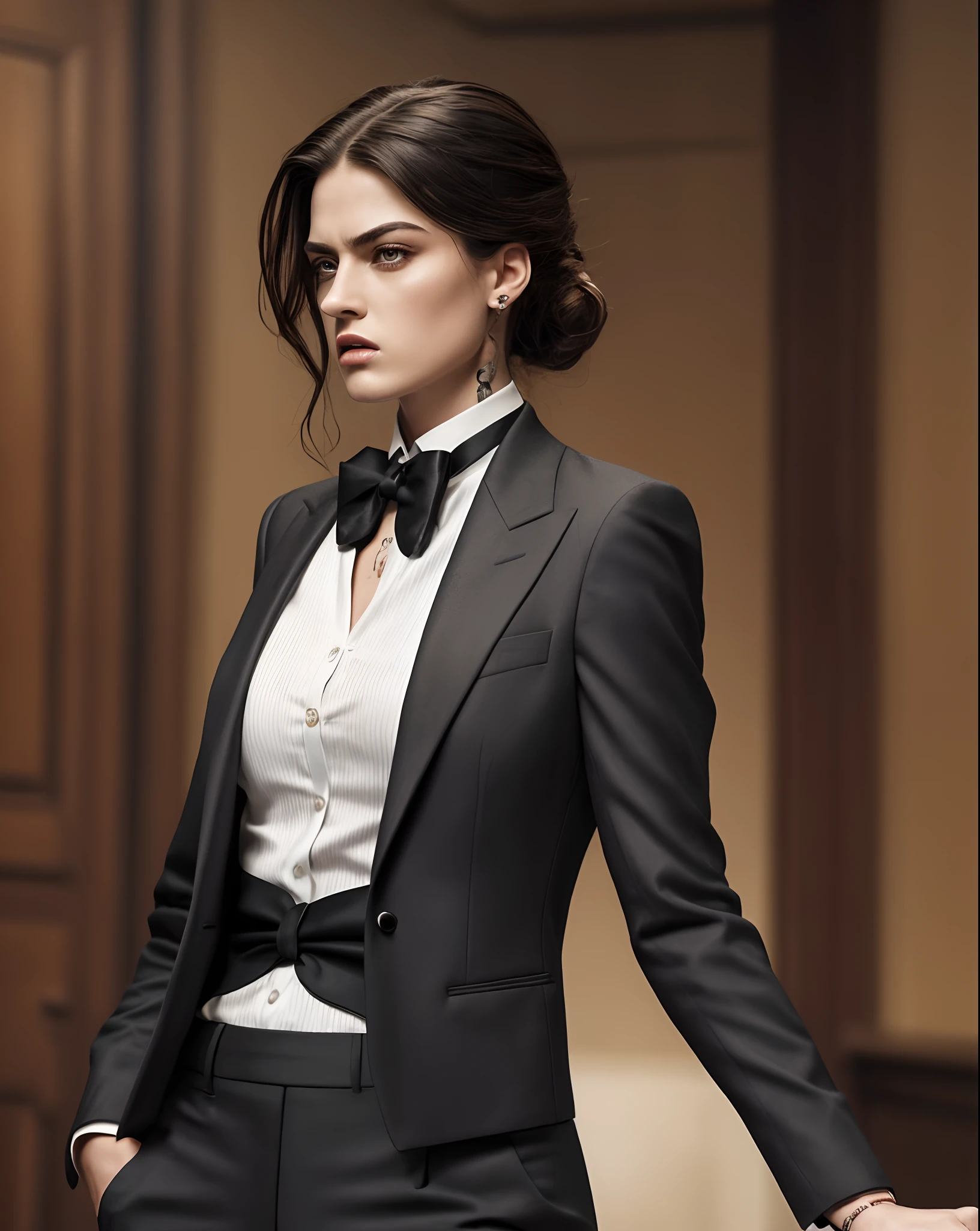 cocky badass arrogant female chav tomboy with an offensive attitude of superiority, exuding a sport agressive nature and class. The woman is wearing a posh suit, representing a full mean boyish  image and tattoos . She embodies angery hatreted confidence and badass swagger . Her posture and expression indicate her high social status and anger  arrogance and sports . The details of her outfit, from the perfectly tailored suit to the  showcase her refined taste and attention to detail with ultra-detailed rendering that captures every intricate element of the scene. This masterpiece should evoke a sense of admiration and arrogance , showcasing the epitome of tomboy angry attitude