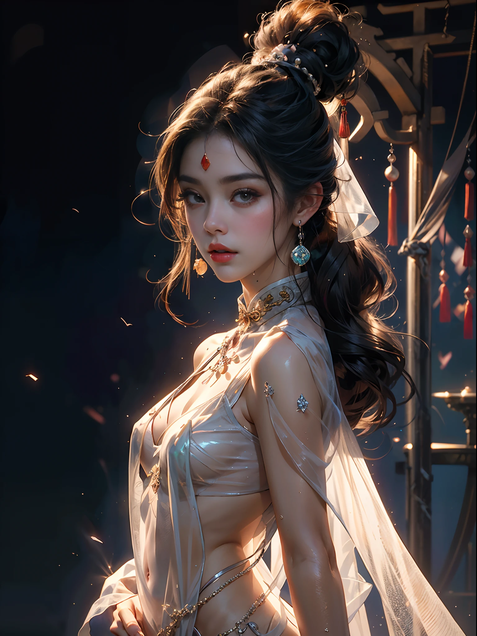 (RAW: 1.2), (Realistic: 1.4), (Clarity: 1.4), (((beautiful Chinese woman (body facing camera)))), ((beautiful detailed face)), (cowboy shot), ((Height: 2.0)), (Precious stones refract dazzling light))), (Pale skin, thin skin, seductive expression, double eyelids, lips with gelatinous texture, glossy lips, small cherry mouth, shiny hair on the forehead, (((flawless skin texture)))), (using gems, pearls, emerald, amber), (dynamic hair, high ponytail hairstyle, frizzy hair clips, layered hair, wet hair, loose hair, wet skin texture), shiny skin, glowing skin, radiant, eyes looking at camera, High Quality Detail, Cinematic Lighting, ((Backlight)), Ultra Detailed, High Resolution, Very Detailed, Best Quality, Masterpiece, Illustration, Very Detailed, CG, Unified, 8k Wallpaper, Incredible, Fine Detail, Masterpiece, Light on Face, Backlight, Cinematic lighting, ((Dynamic Pose)), ((Leg Elevation)), (((Clothing: (transparent) cheongsam made of (transparent plastic), high slit design))), (Precious stones, diamonds, pendants, necklaces, waist chains, earrings