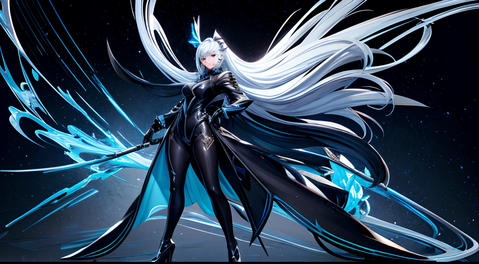 solo, super fine photo, full body picture Unreal Engine 5 8K UHD of a girl, wearing black and blue tight shiny suit, long black glove, long white hair, fantasy character, best quality, masterpiece, unified 8k wallpaper, super detailed, sharp focus, female pose