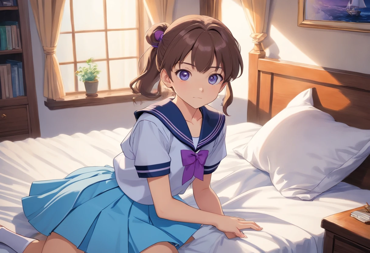 Beautiful illustration、top-quality、 girl with brown ponytail and medium hair tied with purple elastic. Her S is very small. Her eyes are dark blue、on the beds、(((light blue pleated skirt)))、(((a sailor suit)))、shortsleeves、Small