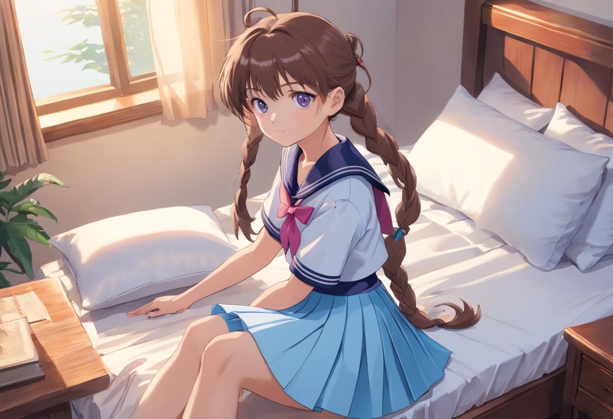 Beautiful illustration、top-quality、 girl with brown ponytail and medium hair tied with purple elastic. Her S is very small. Her eyes are dark blue、on the beds、(((light blue pleated skirt)))、(((a sailor suit)))、shortsleeves、Small