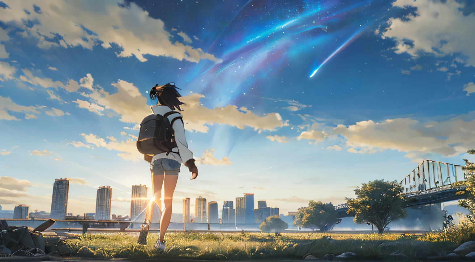 (The vast sky, the beautiful skyline, the vast grasslands, full of tension and drama) (the high-hanging Polaris and the colorful natural light)|(clear sky) (1girl, long-sleeved top, denim shorts, carrying a backpack, walking forward)
