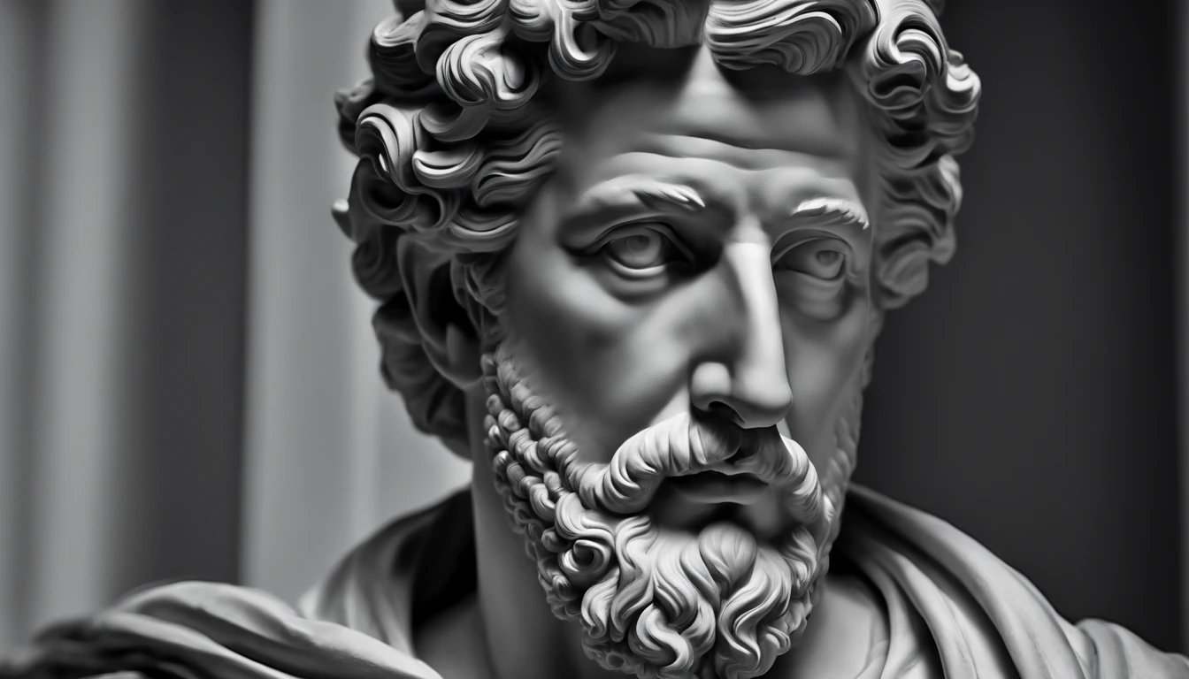 a portrait statue of the stoic Marcus Aurelius in black and white 4K,Face de lado, papel de parede super realista