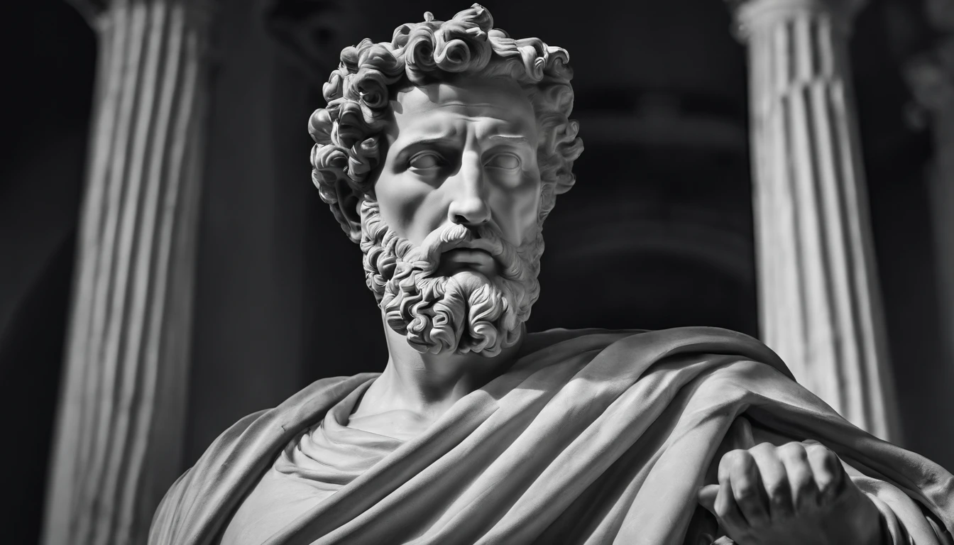 a portrait statue of the stoic Marcus Aurelius in black and white 4K,Face de lado, papel de parede super realista
