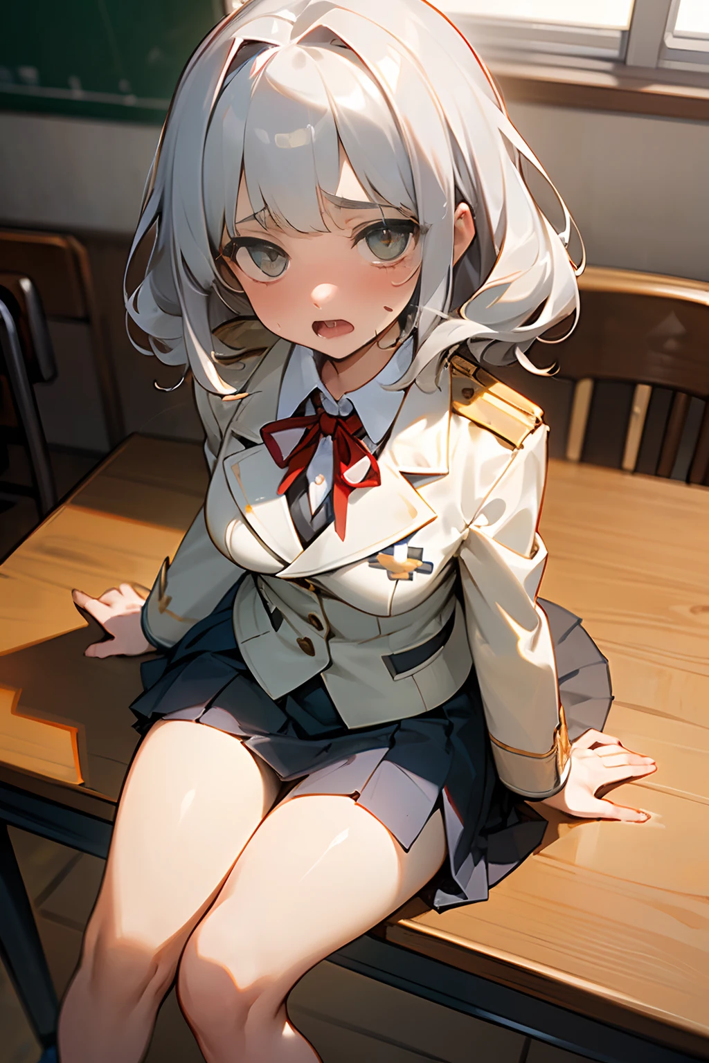 ((Masterpiece)), (Professional Photography:1.2), (High Definition:1.3), best quality, 8K, (from above), Textured skin, cinematic lighting, (1girl), short stature, ((cute age young girl)), (very blunt bangs, slightly loose curls hair, breasts length hair, high details of pale silver hair), ((very blush and sad face, drooping saliva, open mouth, sweaty)), cute green eyes, drooping eyes, slender waist, ((wear uniform very slovenly)), (pale Ivory color blazer student's uniform, white blouse, red string ribbon, skirt), ((sit in the school room))