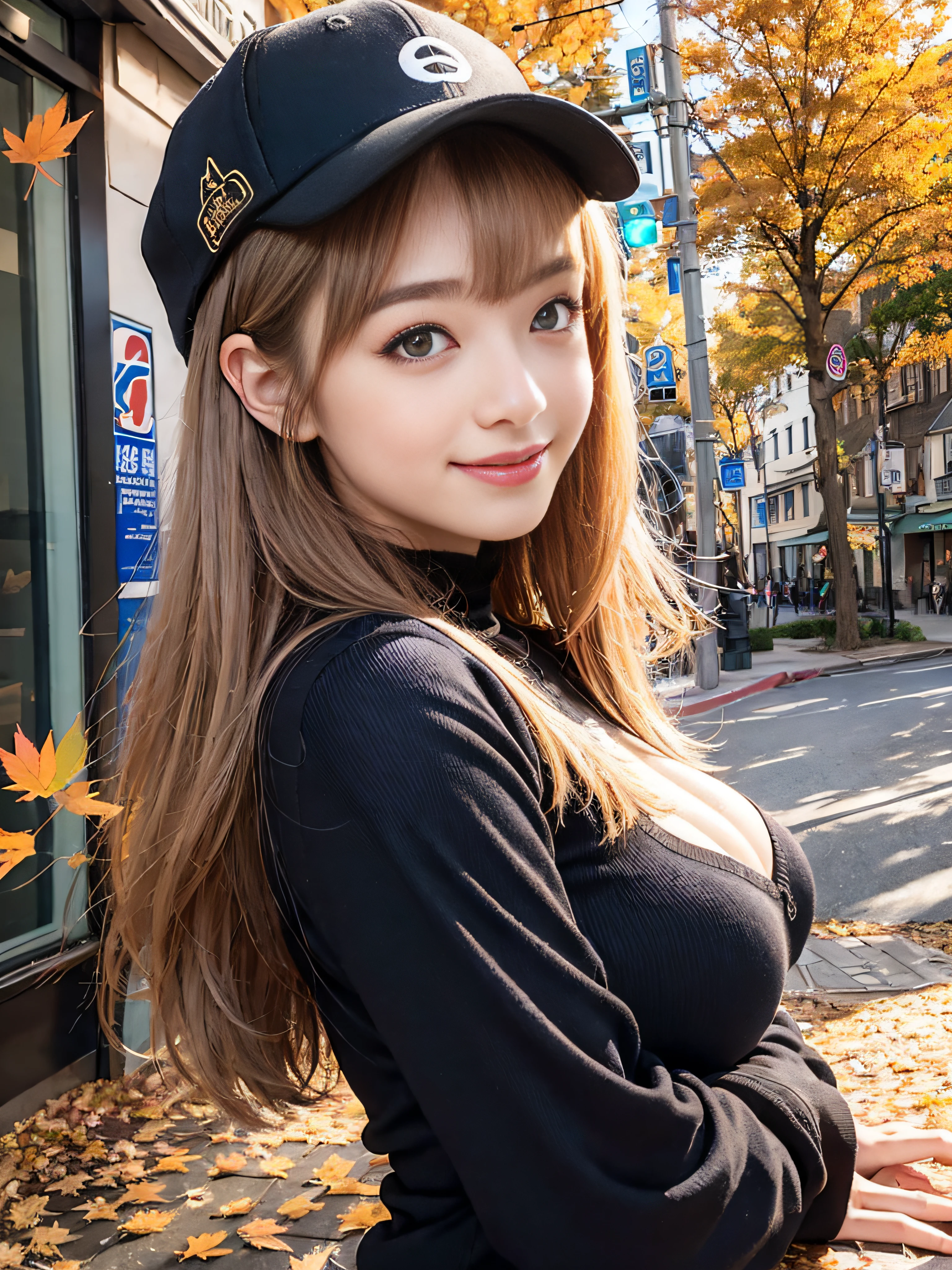 RAW image quality、8K分辨率、Ultra-high-definition CG images、Autumn leaves at night🍁、Moonlight、25 year old beautiful woman、Detailed beautiful eyes、Beautiful beautiful medium hair、Clear skin、Black Baseball Cap, Long Sleeve Street Fashion、Colossal tits、Susukihata、depth of fields、masutepiece、absurderes、24K Graphic Arts、Carefully drawn background、Composition with depth、sano、jumpy、A smile、