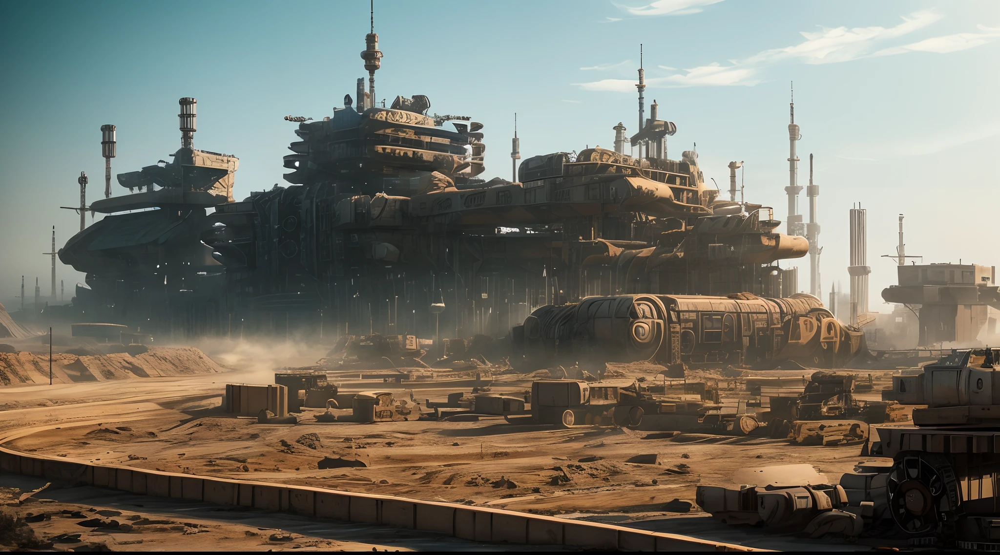 Wasteland，Huge mechanical moving castle，Track forward，dust kicked up，dynamic blur，super-fine，ultra - detailed，high qulity，8K ，oc rendered，dynamic viewing angle，Hyper Real，Ultra photo realsisim
