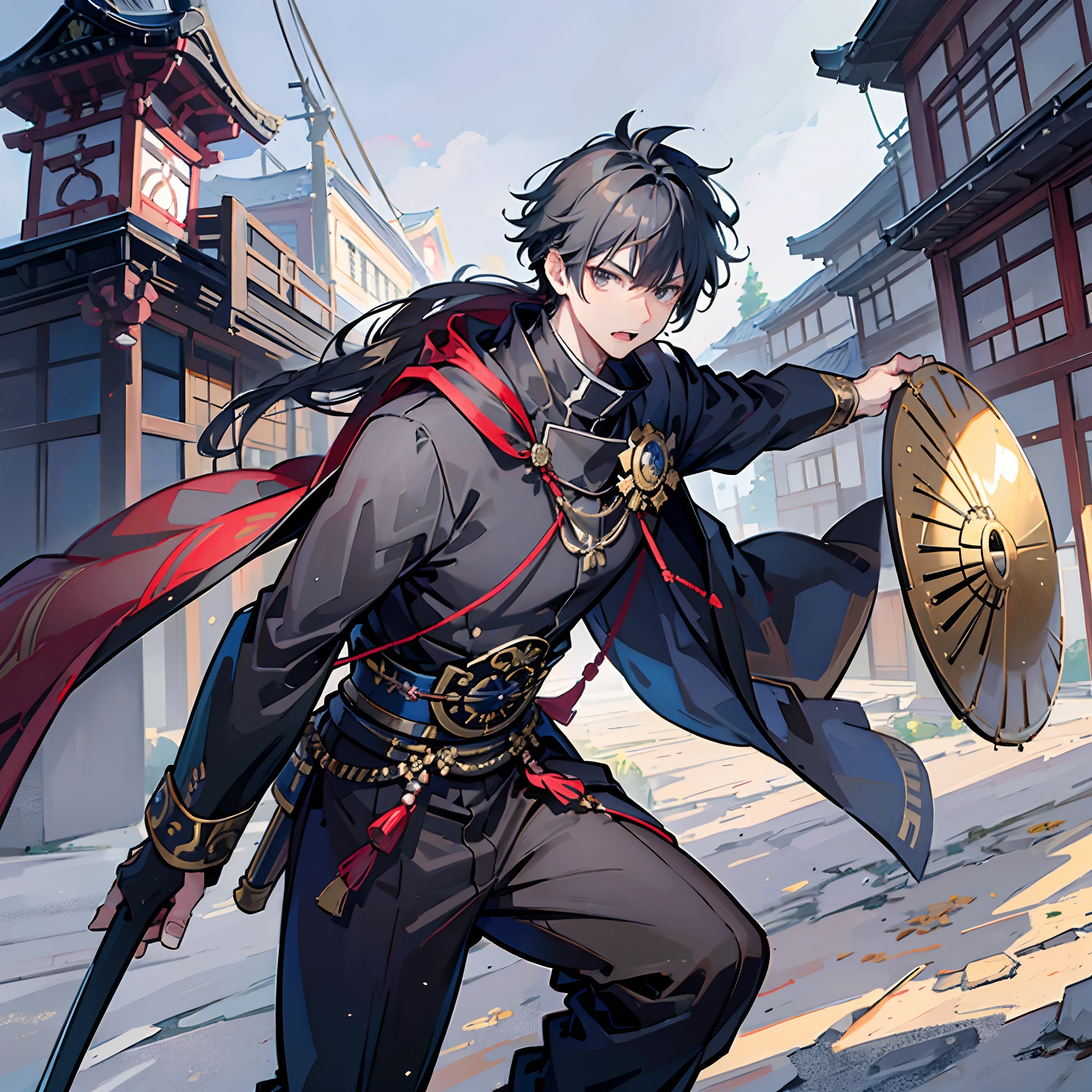 A man holding a sword and shield with mouth wide open, black hair, brown eyes, male paladin, golden armour, traditional Japenese House in background, 8k, Surrealism, Masterpiece, Anime art