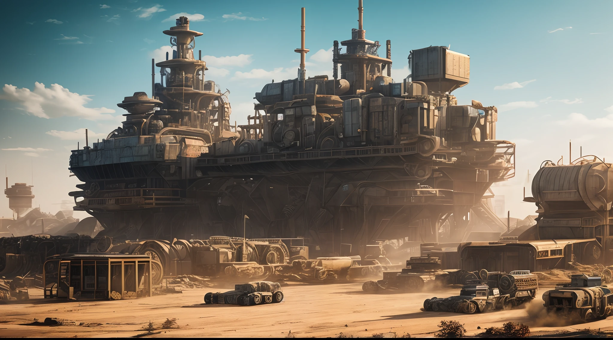 Wasteland,Huge mechanical moving castle,Track forward,dust kicked up,dynamic blur,super-fine,ultra - detailed,high qulity,8K ,oc rendered,dynamic viewing angle,Hyper Real,Ultra photo realsisim
