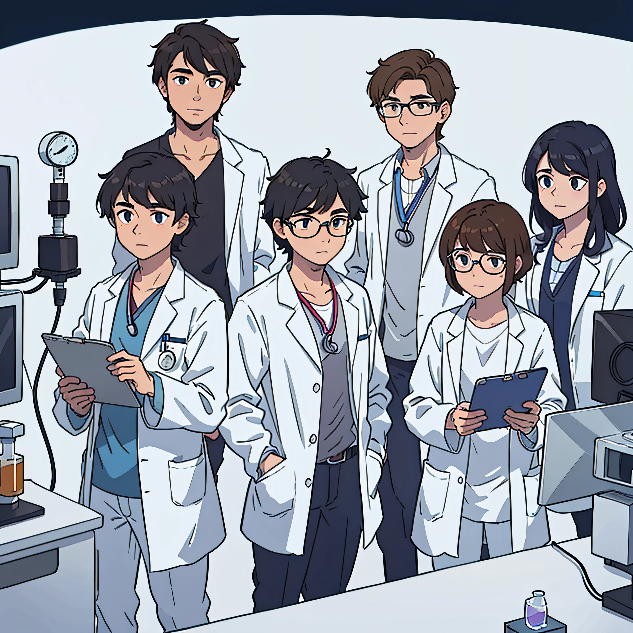 Um grupo de cientistas, jovens. 4 scientists wearing doctors' white lab coats. Homens e mulheres