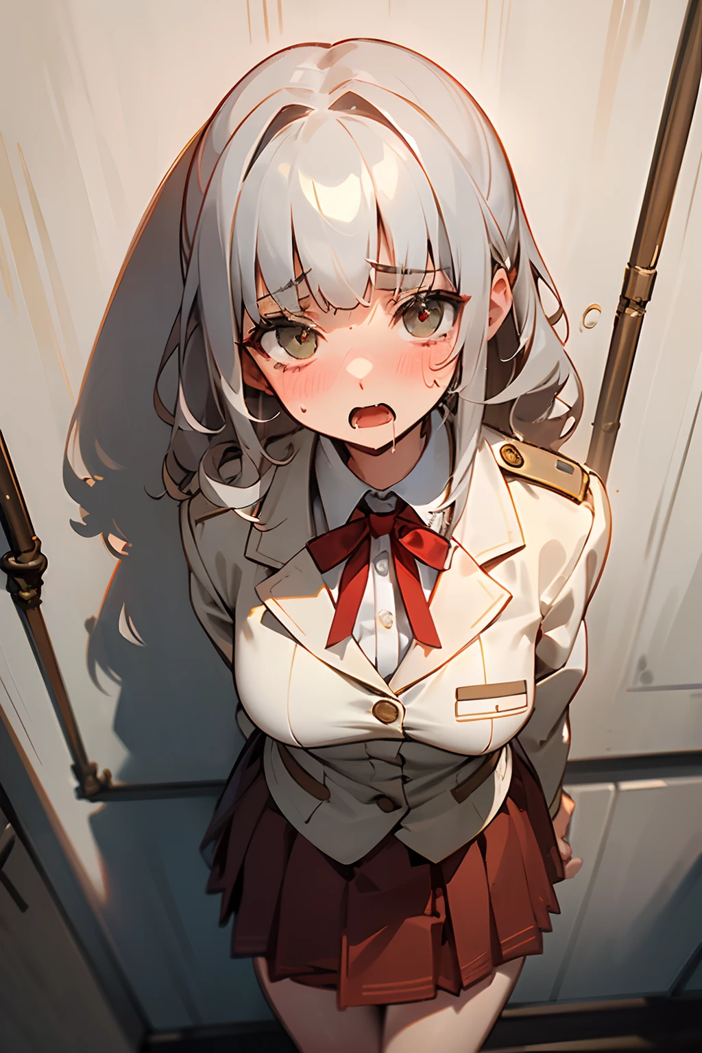 ((Masterpiece)), (Professional Photography:1.2), (High Definition:1.3), best quality, 8K, (from above), Textured skin, cinematic lighting, (1girl), short stature, ((cute girl)), (very blunt bangs, slightly loose curls hair, breasts length hair, high details of pale silver hair), ((very blush and sad face, drooping saliva, open mouth, sweaty)), cute green eyes, drooping eyes, slender waist, ((wear uniform very slovenly)), (pale Ivory color blazer student's uniform, white blouse, red string ribbon, brown skirt), ((against the school wall))