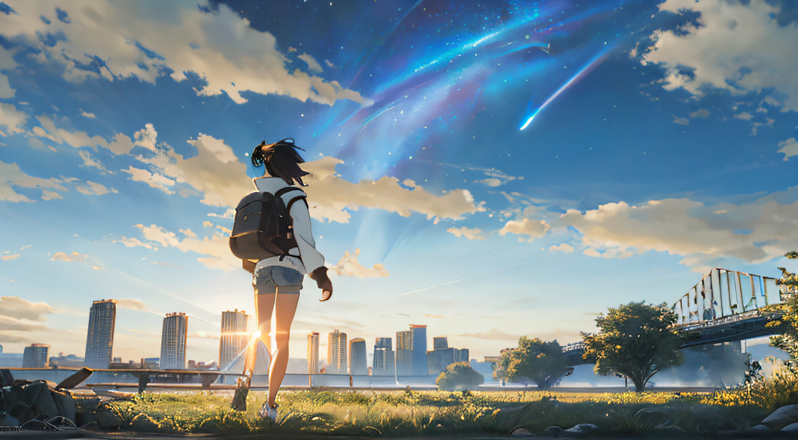 (The vast sky, the beautiful skyline, the vast grasslands, full of tension and drama) (the high-hanging Polaris and the colorful natural light)|(clear sky) (1girl, long-sleeved top, denim shorts, carrying a backpack, walking forward)