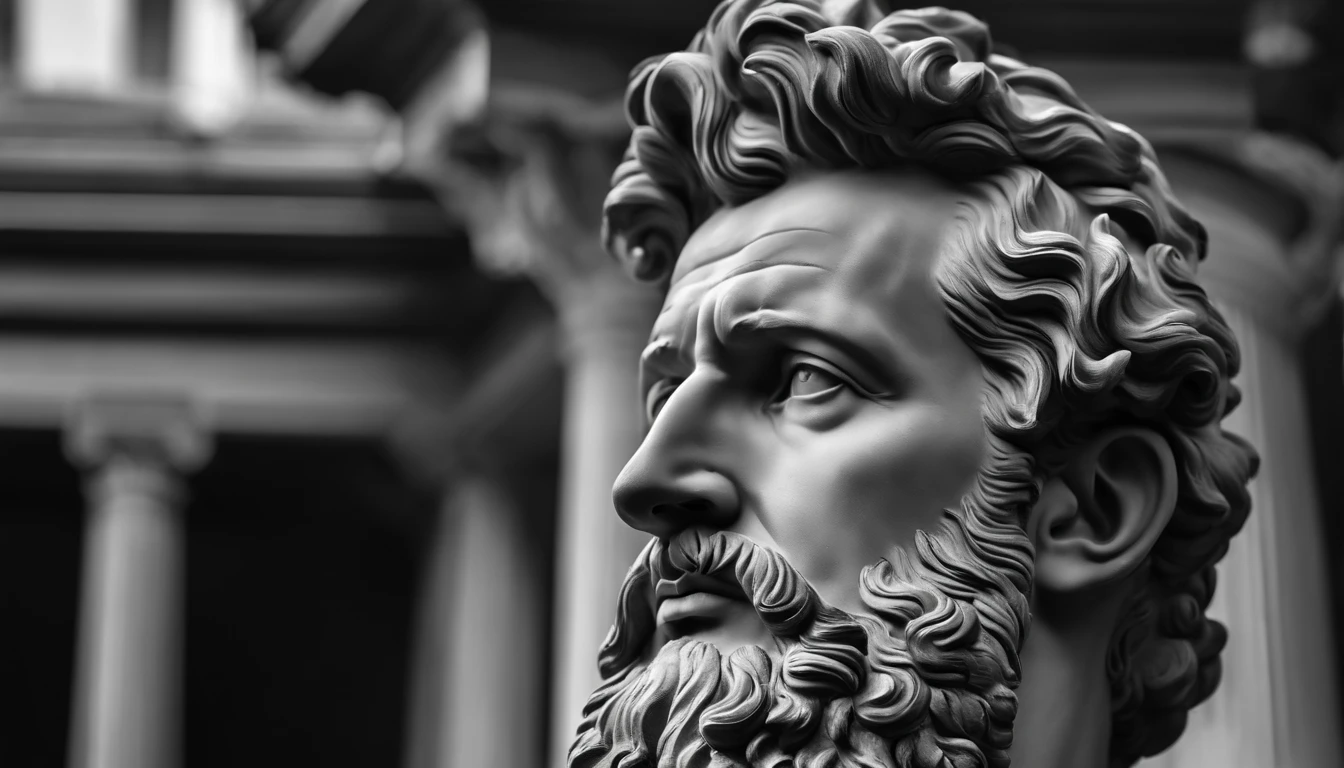 a portrait statue of the stoic Marcus Aurelius in black and white 4K,Face de lado, papel de parede super realista