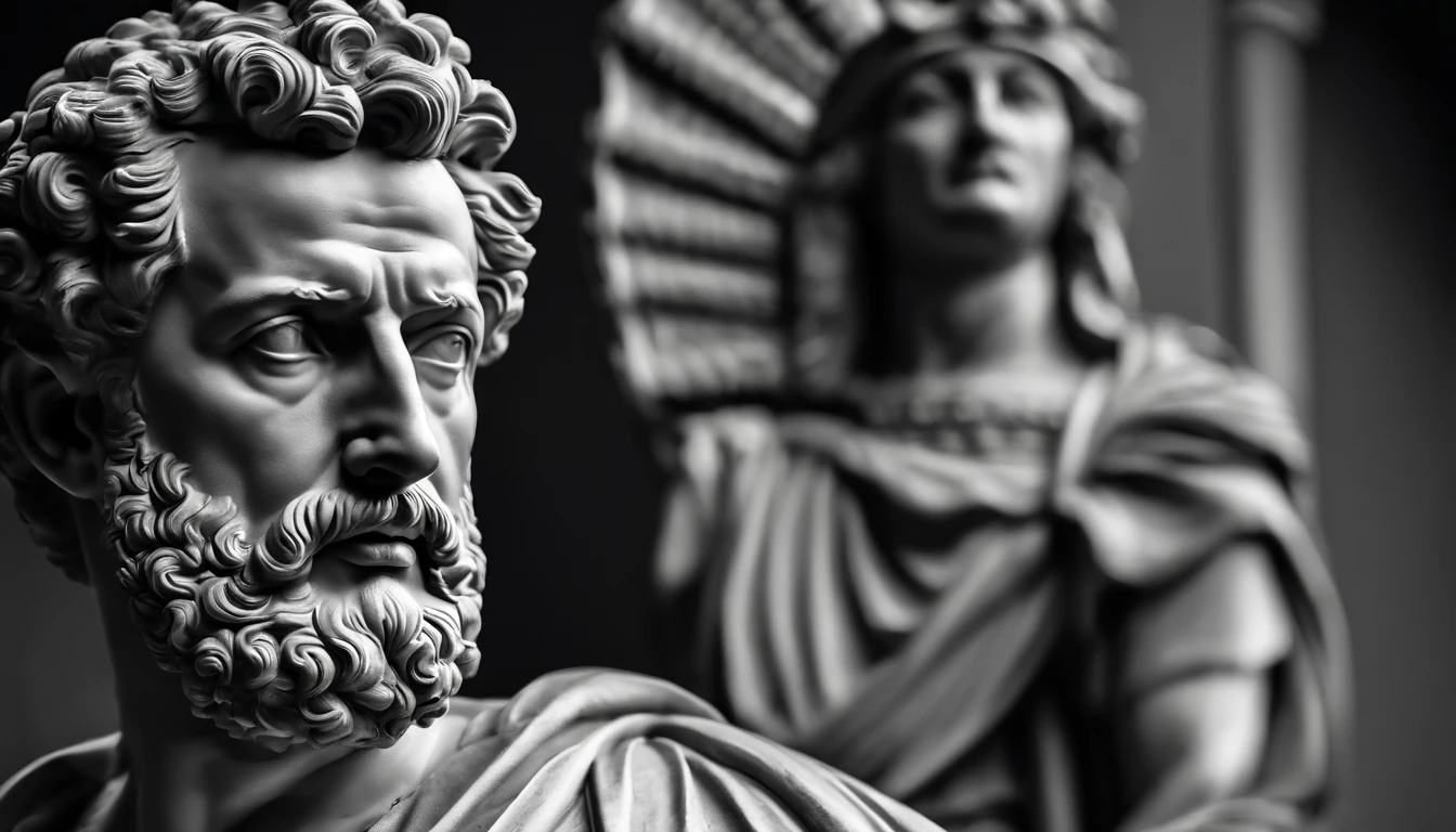 a portrait statue of the stoic Marcus Aurelius in black and white 4K,Face de lado, papel de parede super realista