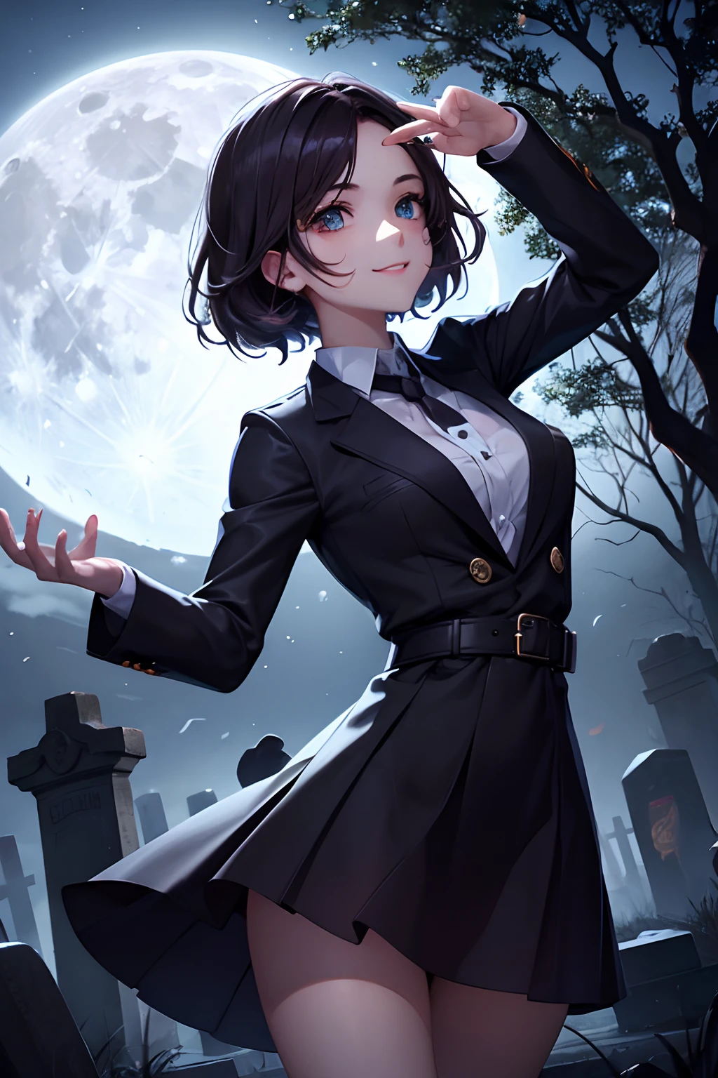 1girl, necromancer, anime, dark forest, dark fog, graveyard, goth, black makeup, undead monster in background, rpg, night, dynamic pose, white eyes, black hair