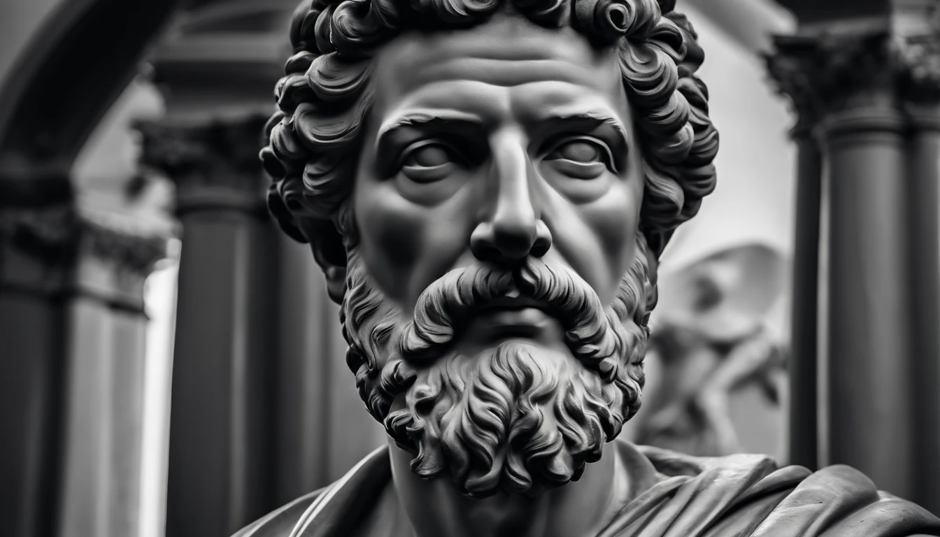a portrait statue of the stoic Marcus Aurelius in black and white 4K,Face de lado, papel de parede super realista