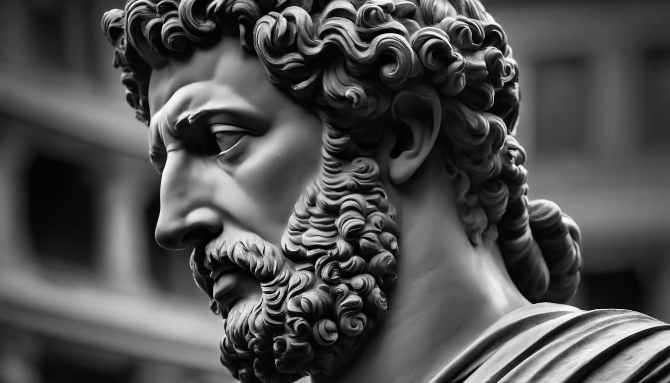 a portrait statue of the stoic Marcus Aurelius in black and white 4K,Face de lado, papel de parede super realista