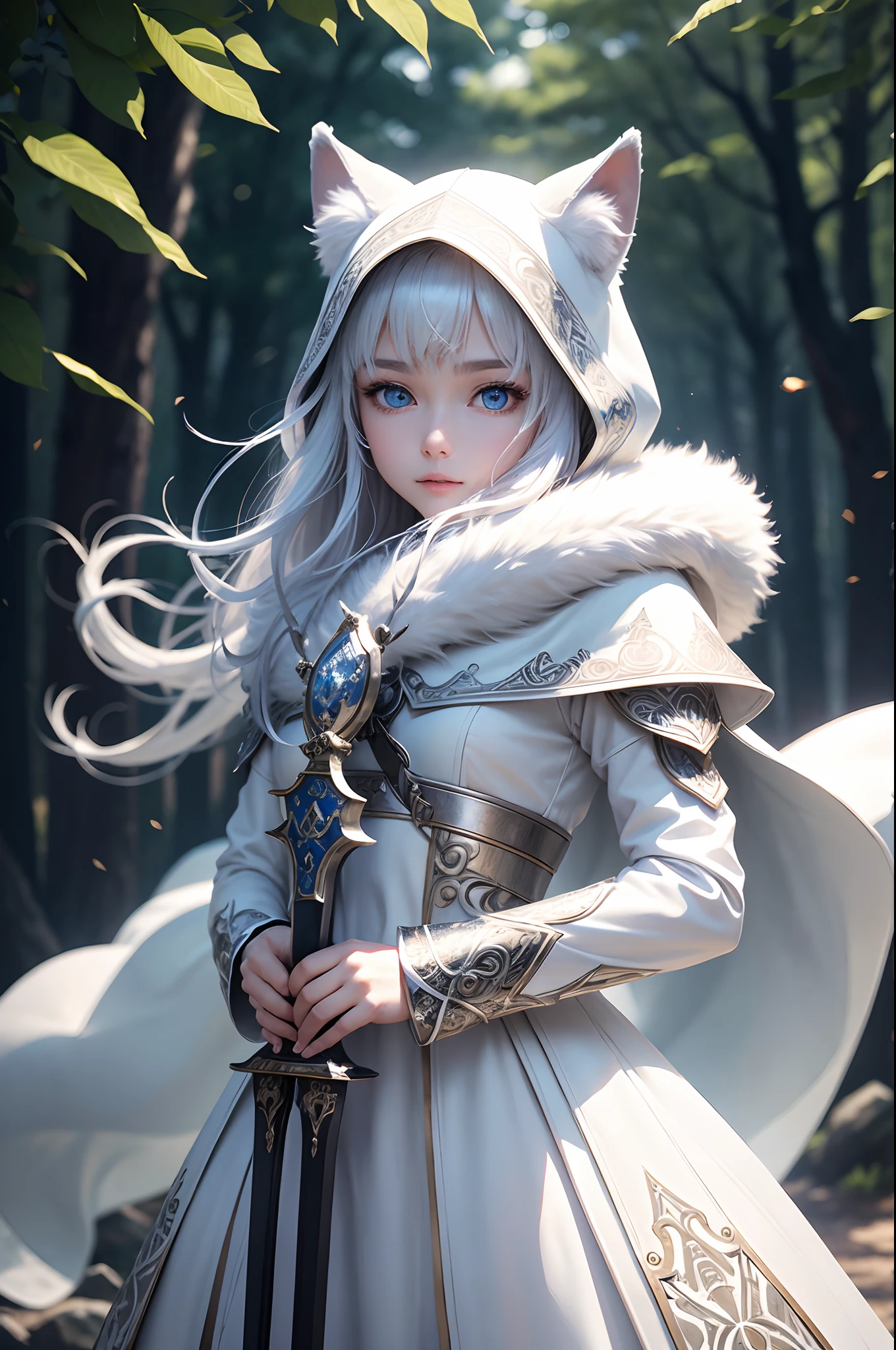 A Princess、Bright and refreshing space、White is the key.、Smiling kindly、peaceful、Tiere、Not a person、unmanned、in woods、White Wolf、cyborgs、Metal Wolf、Have a beautiful sword、Shining blue eyes、１bolt、(intricate-detail)、nffsw、(intricate-detail、ultra-detailliert:1.2)、Cinematic shots、vignettes、central,、top grade、Eyes are clear、The sword shines、wearing a fur coat、Wearing a fur hood、The air is clean、A sparkling space、optic