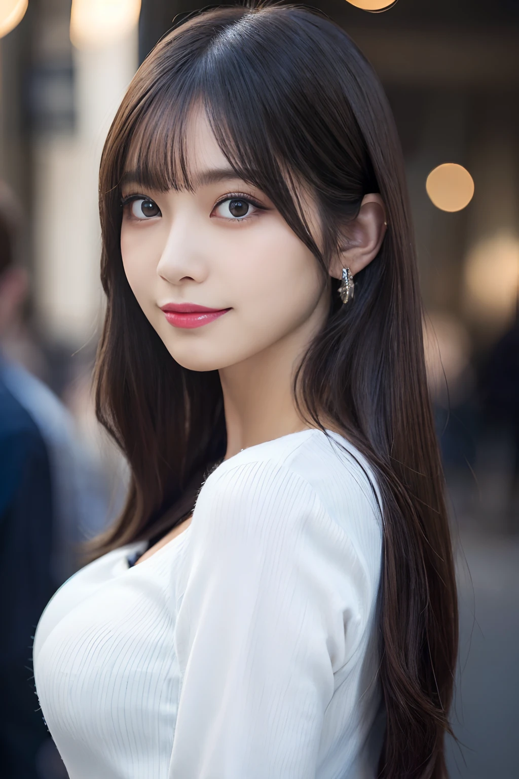 ((Best quality, Masterpiece :1.3)), (Photo from the side:1.2), (A pretty woman with perfect figure :1.4), (Slender:1.2), (hands behind one's back:1.2), (long layered hair:1.2), (With bangs:1.2), (huge breasts :1.2), (White round-neck shirt :1.3), office wear, (navy blue jacket:1.2), (Long brown flare-skirt:1.3), office background, black Bra., (Black pantyhose), (Highly detailed face and skin texture:1.2), Detailed eyes, Double eyelid, long eyelashes, glitter eye shadow, glossy lips, shy smile, turn to the side, first-person view, f/2.8, 135mm, Nikon, UHD, anatomically correct, textured skin, high details, highres, HD, 4K, 8k