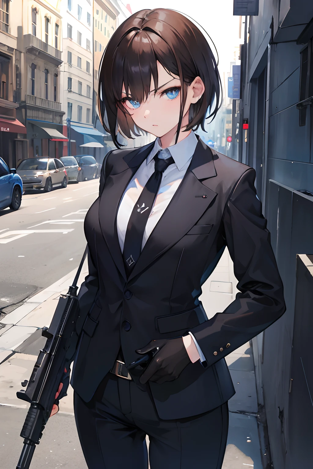 A girl, brown hair and blue eyes, short hair, street, badass, glare, potrait, black suit, night, use a gun, mafia, sexy