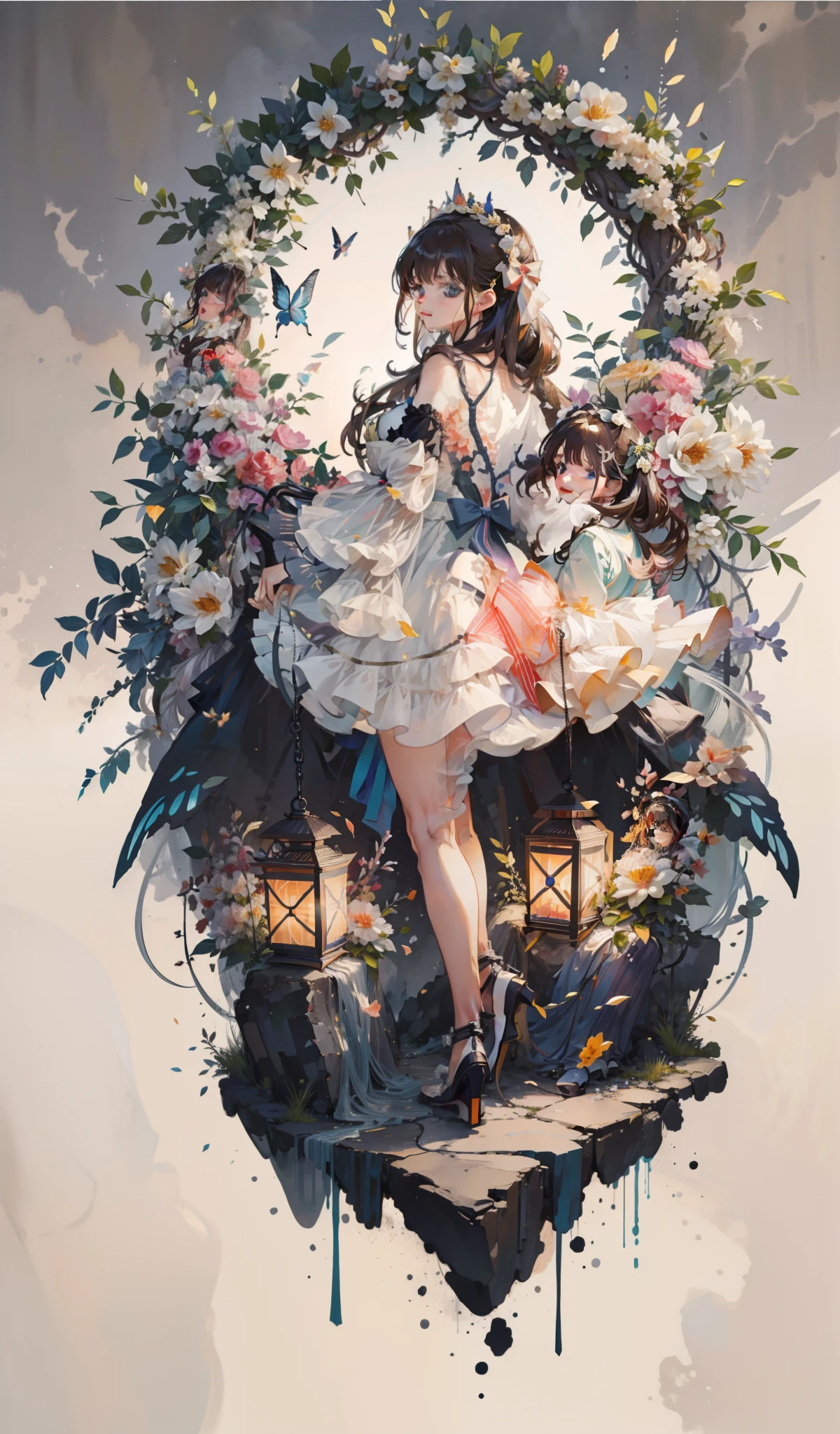 (Extremely delicate beauty: 1.2), 1girl, standing, full body, smile, bangs, blue eyes, backlight, long hair, butterfly, brown hair, shut up, look from the side, lantern, light particles, long sleeves, look at the audience, red bow, solo