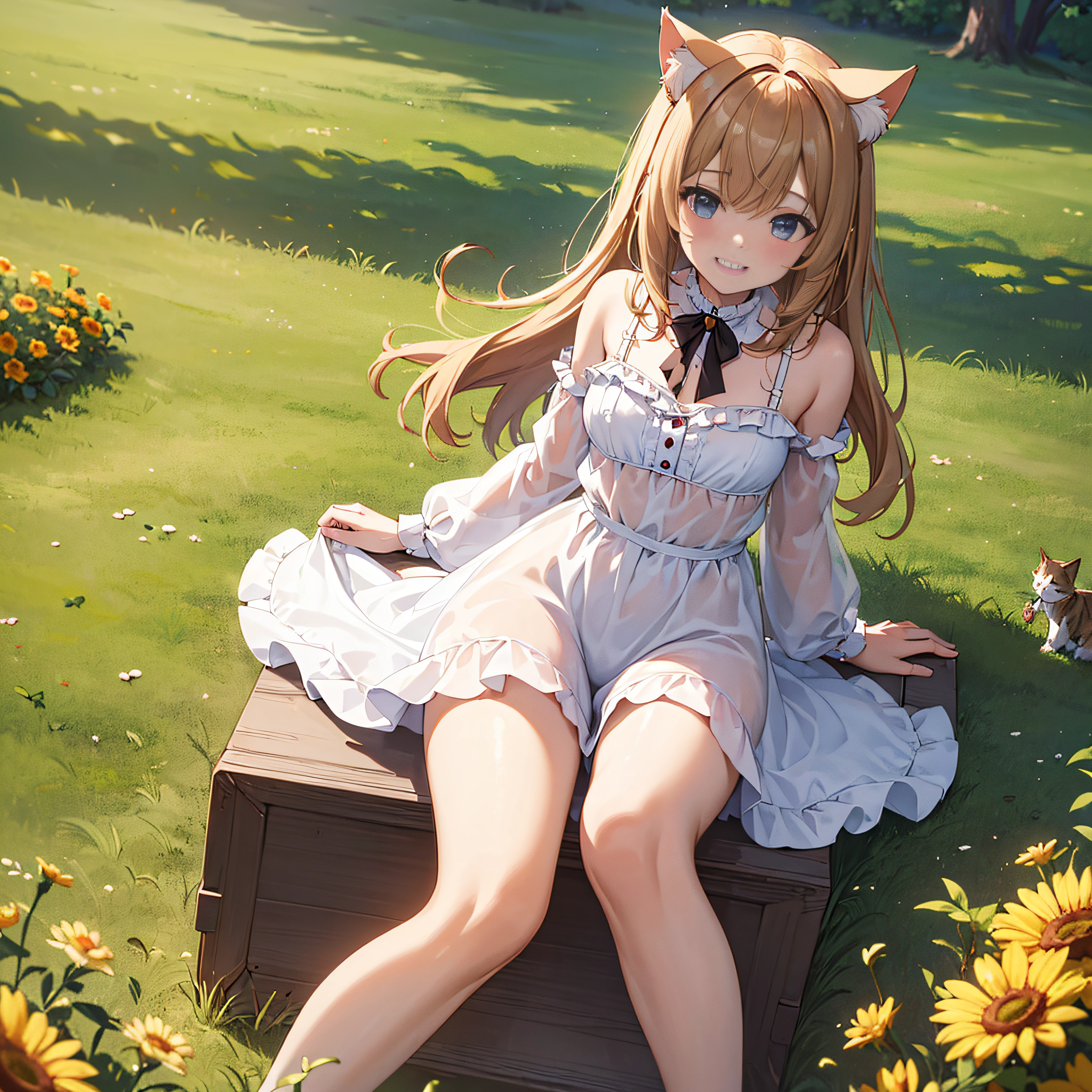 ((Top Quality,8k, 32k,Masterpiece:1.2)),  woman in underwear playing innocently on the prairie, cat ears, grin