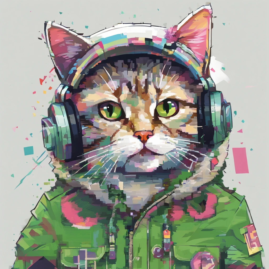 Perfect centering, Cute cat, Wearing a jacket,American Shortcat,in green,Rose flower, Wearing headphones, cheerfulness, Standing position, Abstract beauty, Centered, Looking at the camera, Facing the camera, Approaching perfection, Dynamic, Highly detailed, Smooth, Sharp Focus, 8K, hight resolution, Illustration, art by carne griffiths and wadim kashin, White background