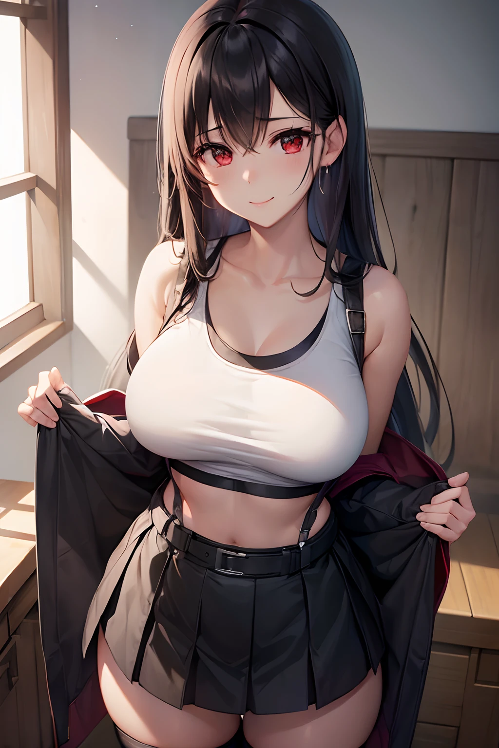 Tifa FF7、1girl in、独奏、looking at the viewers、wariza、seducting smile、(white tank tops:1.3)、a black skirt、Suspender Skirt、Midriff、(black thighhighs:1.3)、Red gloves、bra very、zettairyouiki、is standing,(Skirt lift:1.3), (white panties:1.3)、(Skirt that rolls up:1.3)、(Fully exposed panties:1.5),