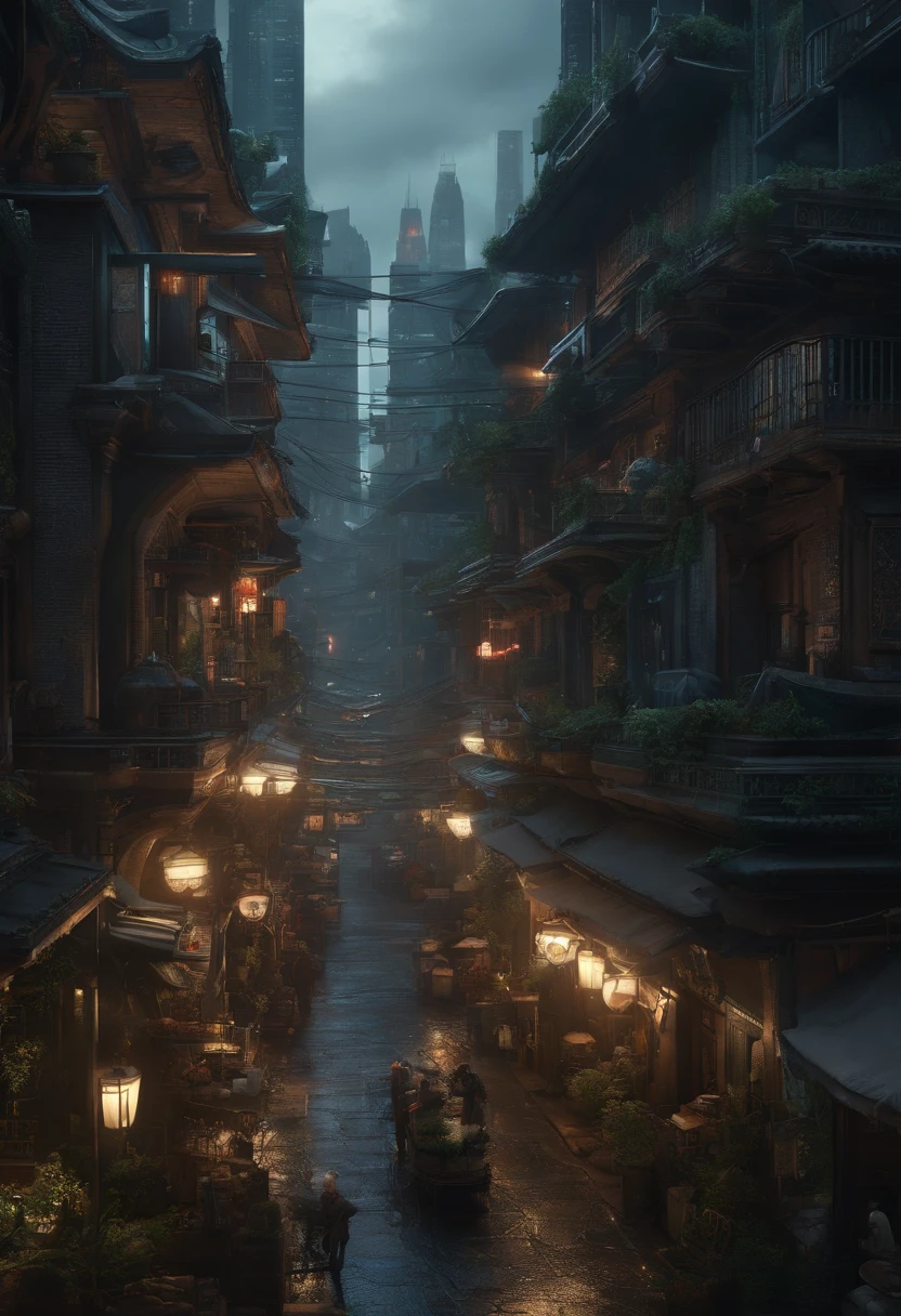 Cyberpunk City du film de science-fiction, Rue vide, Nuit, Chinese buildings, Ancien magasin, Irregular, circuit boards, Fils, complexe, super detailed, Realstic, hyper realistic, High quality, meilleur, super detailed, Crazy Detail, Very detailed, photoreallistic, Epic composition, Best quality, 32k --v 6