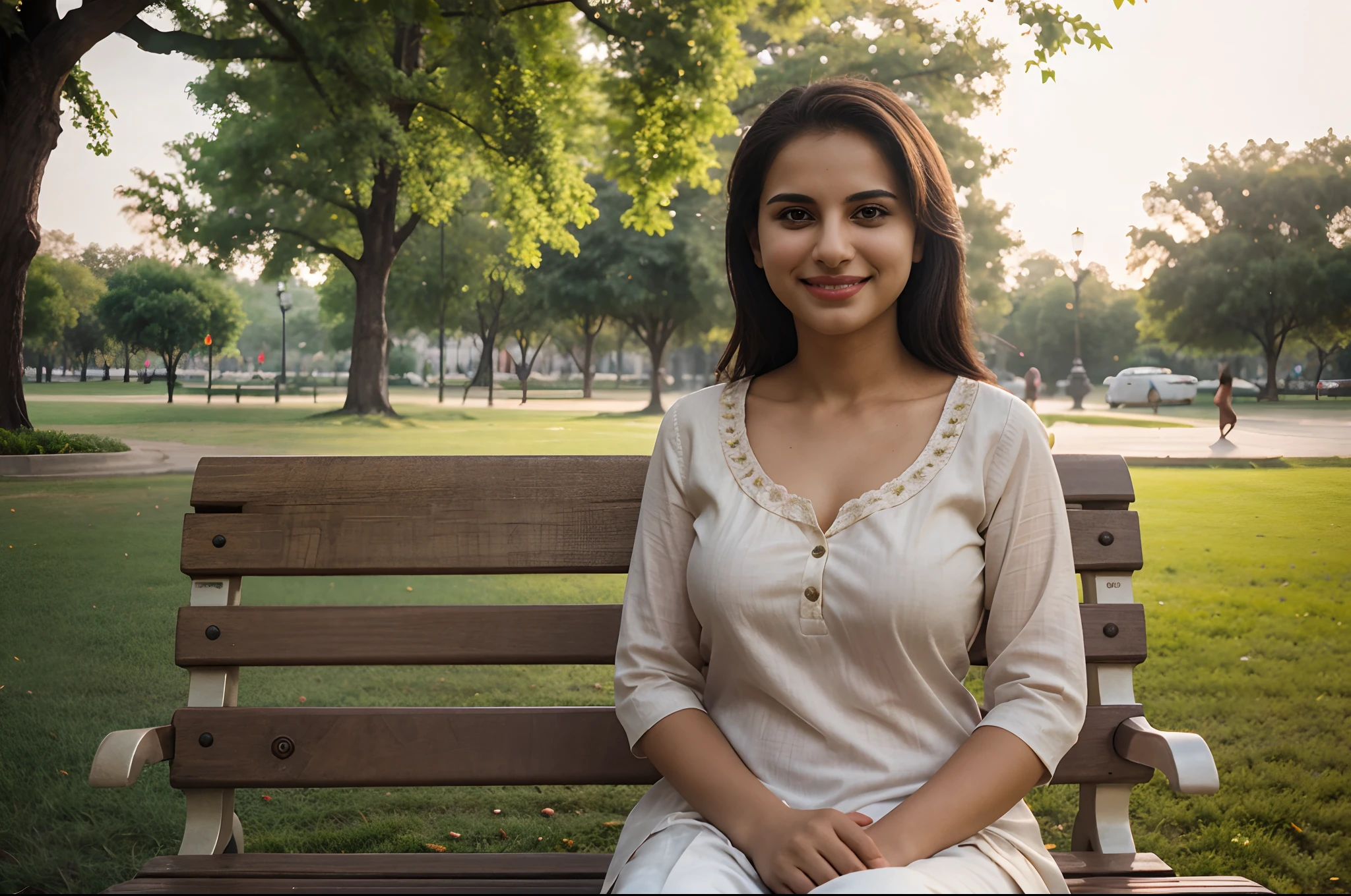 A woman sitting on a park bench, wearing kurta, cleavage visible, sunny, diffused lighting, mobile photo, old photograph, hyper realistic, detailed, 35mm, wide angle shot, unsaturated colors, hazy, smiling