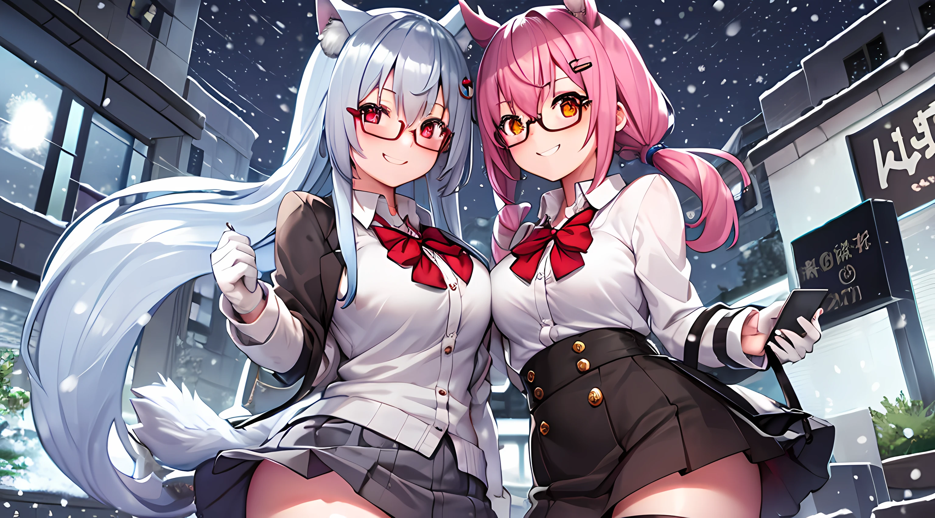 girls, pink hair, blue yellow eye, wolf ear, glasses, short skirt, school uniform, park theme, night theme, snowing, medium breast, stocking, horsetail