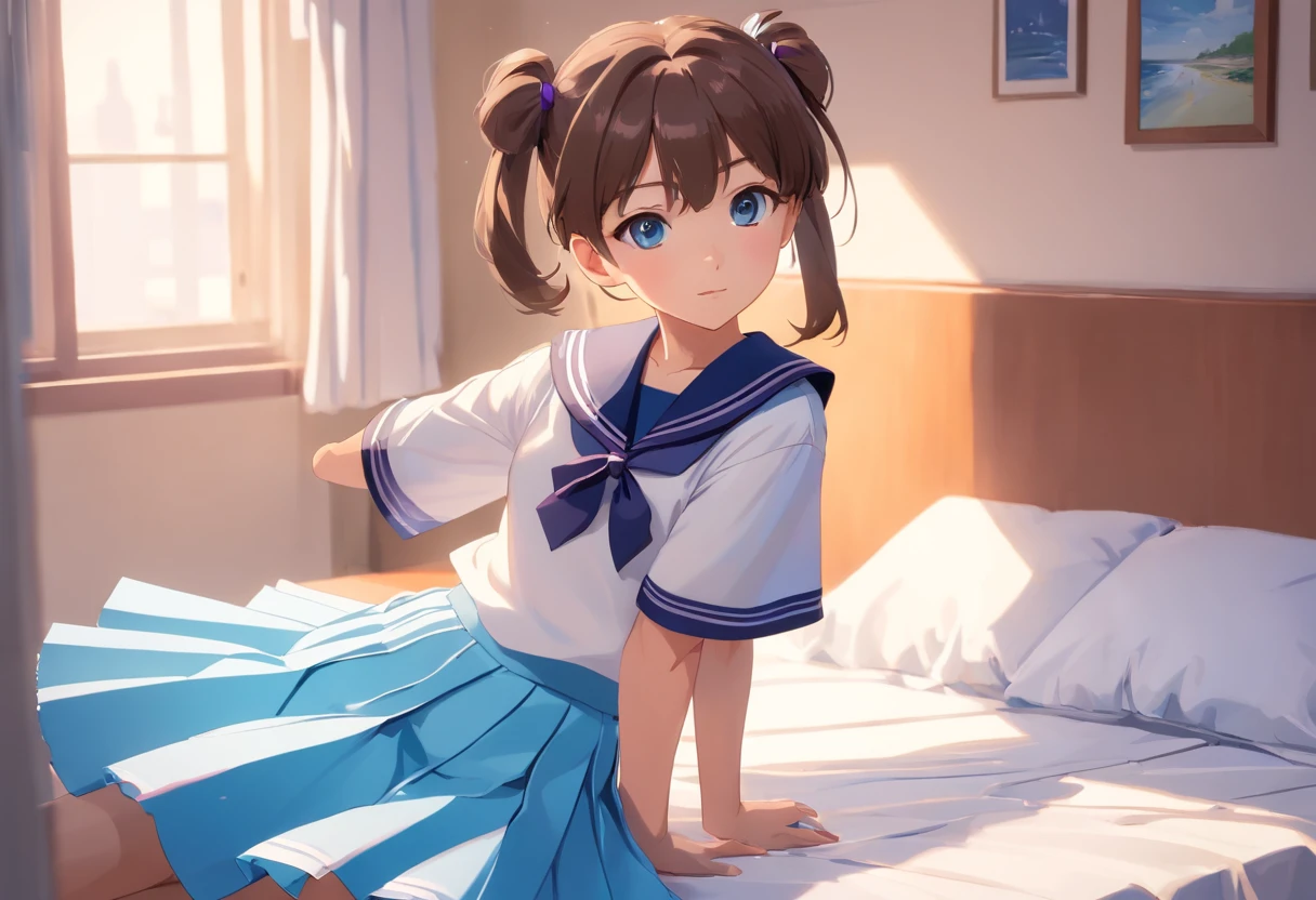 Beautiful illustration、top-quality、5 year old girl with brown ponytail and medium hair tied with purple elastic. Her S is very small. Her eyes are dark blue、on the beds、(((light blue pleated skirt)))、(((a sailor suit)))、shortsleeves、Small
