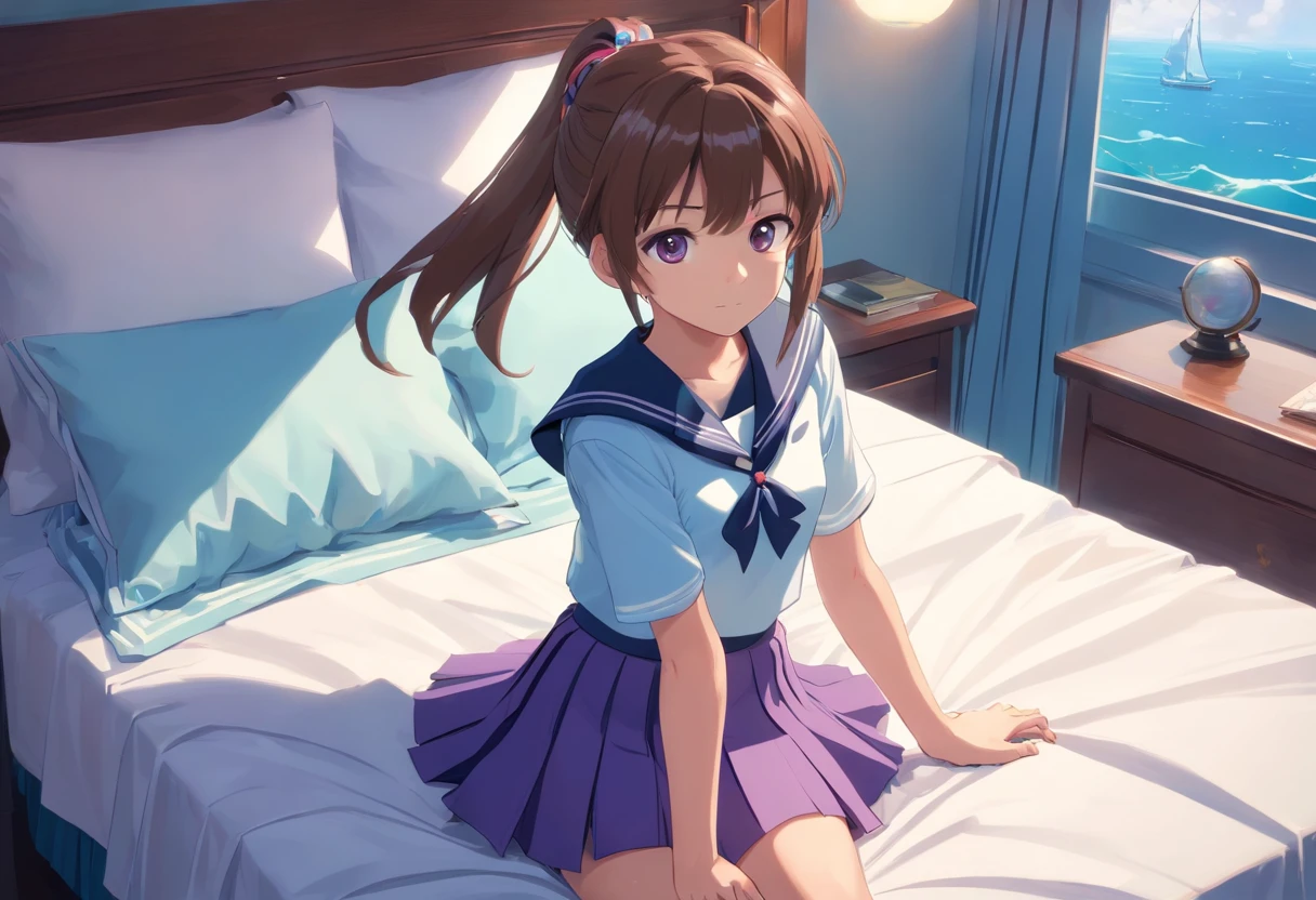 Beautiful illustration、top-quality、5 girl with brown ponytail and medium hair tied with purple elastic. Her S is very small. Her eyes are dark blue、on the beds、(((light blue pleated skirt)))、(((a sailor suit)))、shortsleeves、Small