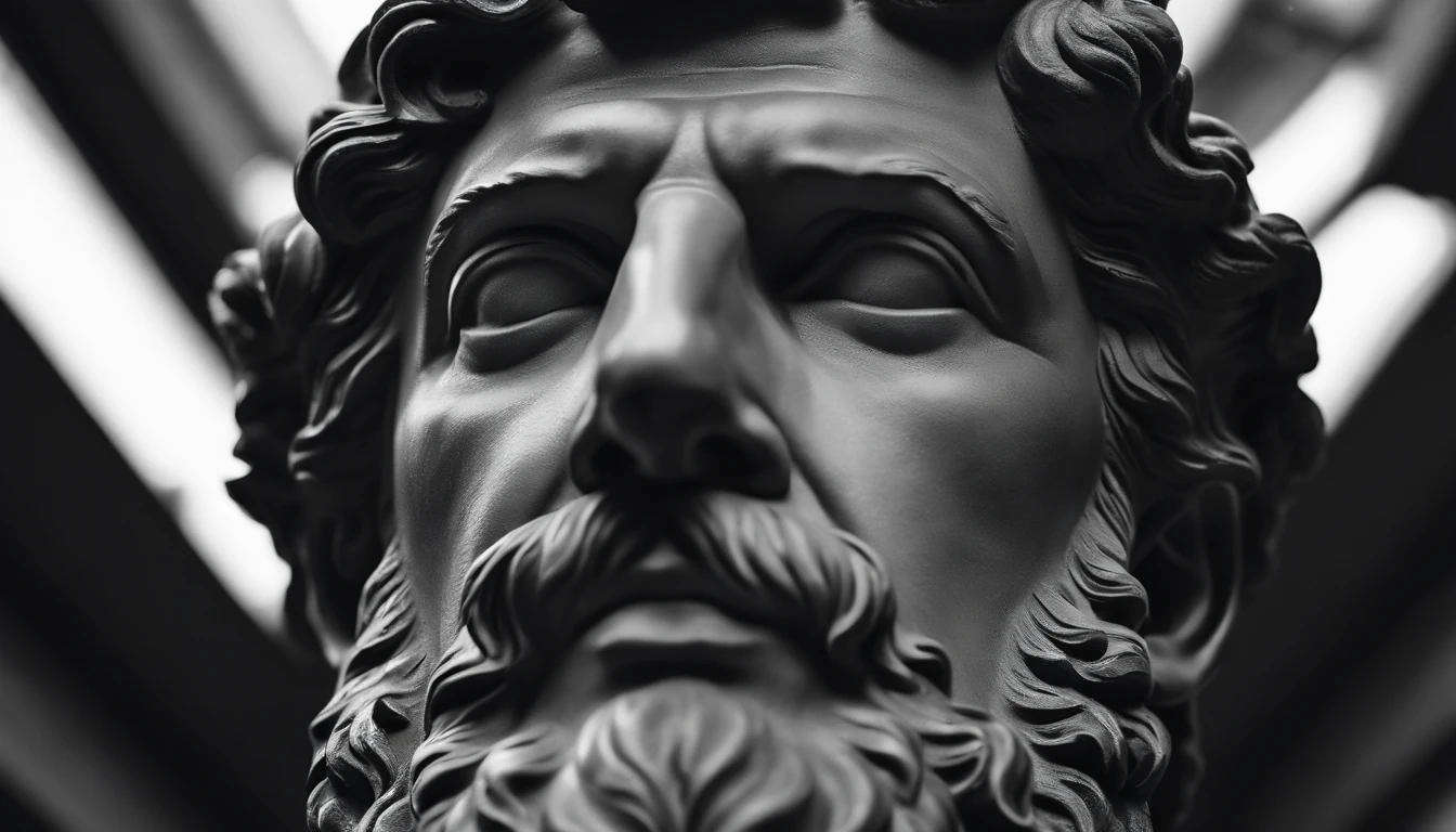 a portrait statue of the stoic Marcus Aurelius in black and white 4K,Face de lado, papel de parede super realista