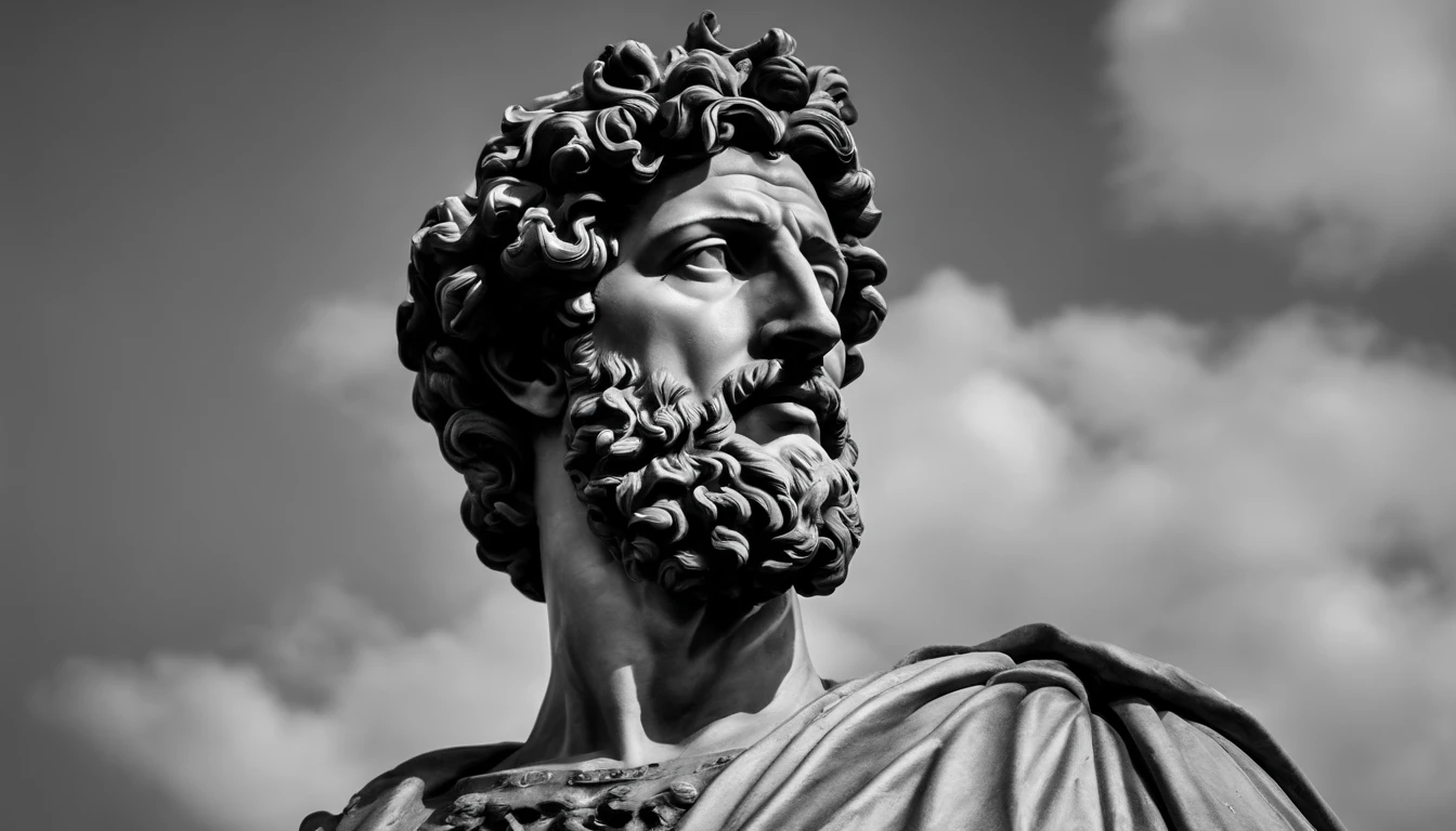a portrait statue of the stoic Marcus Aurelius in black and white 4K,Face de lado, papel de parede super realista