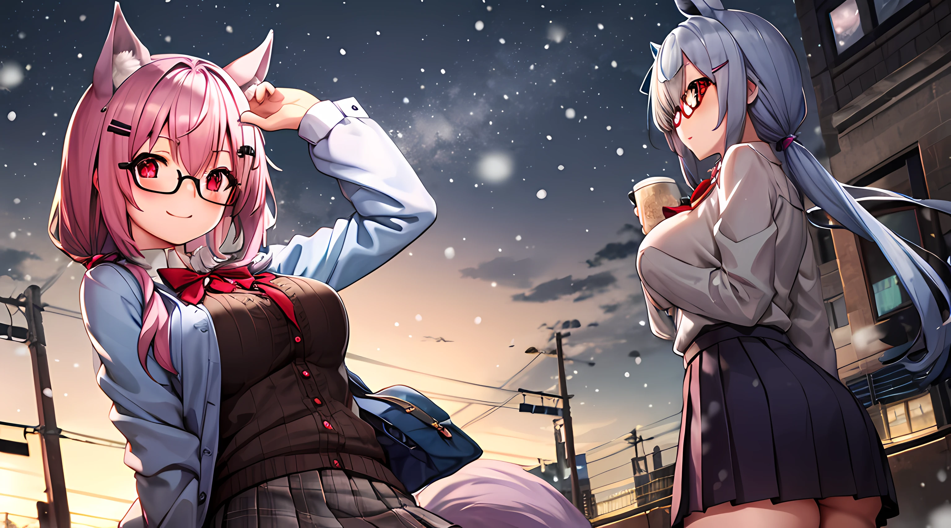 girls, pink hair, blue yellow eye, wolf ear, glasses, short skirt, school uniform, park theme, night theme, snowing, medium breast, stocking, horsetail