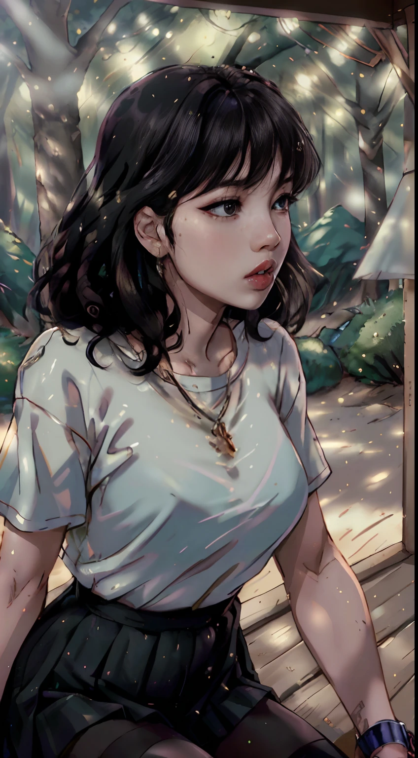 ((Lisa from Blackpink)), t-shirt, tiny pleated skirt, waist-high black tights, high heels, face close-up, very fair skin, short hair, wavy hair, camp, forest, photorealistic, indirect lighting, volumetric light, ray tracing, hyperdetailed, best quality, high resolution, HDR, 8k