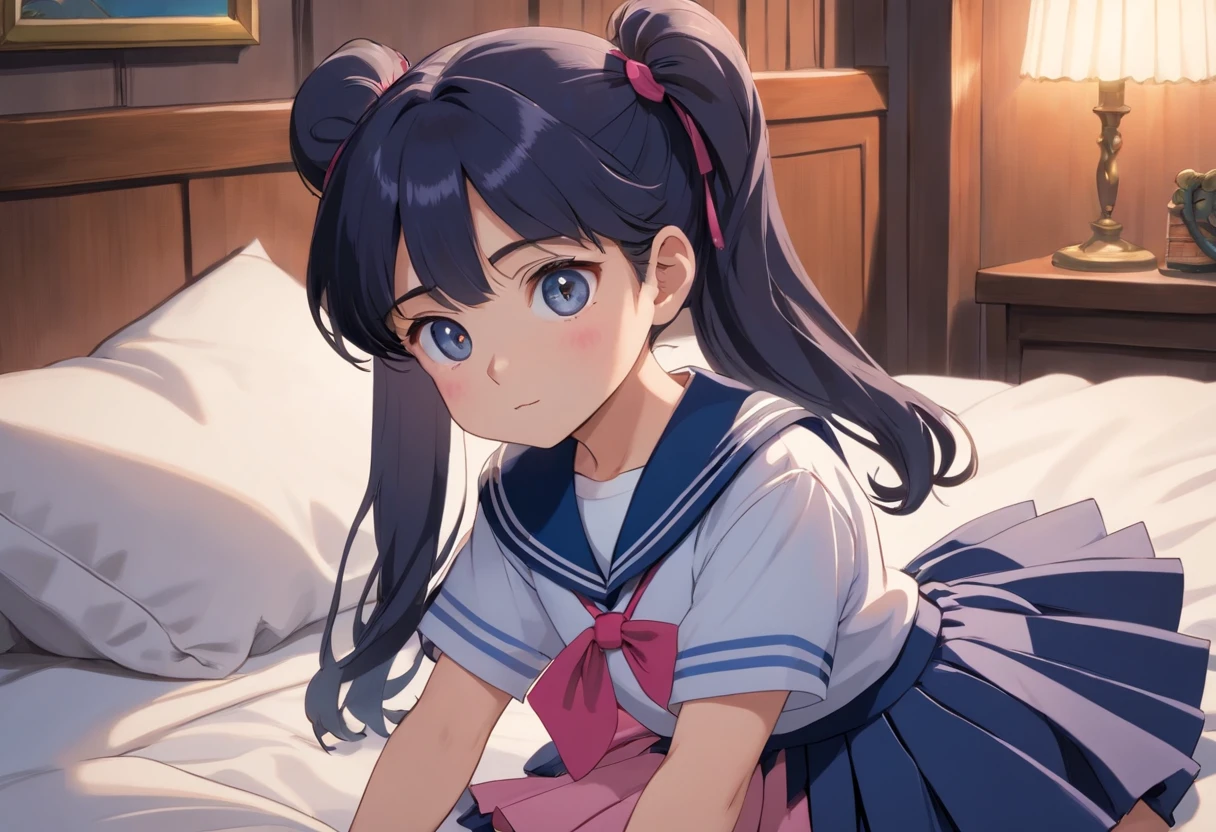 Beautiful illustration、top-quality、5 year old baby girl with black ponytail and medium hair tied with pink elastic. Her S is very small. Her eyes are brown、on the beds、(((dark blue pleated skirt)))、(((a sailor suit)))、shortsleeves、Small